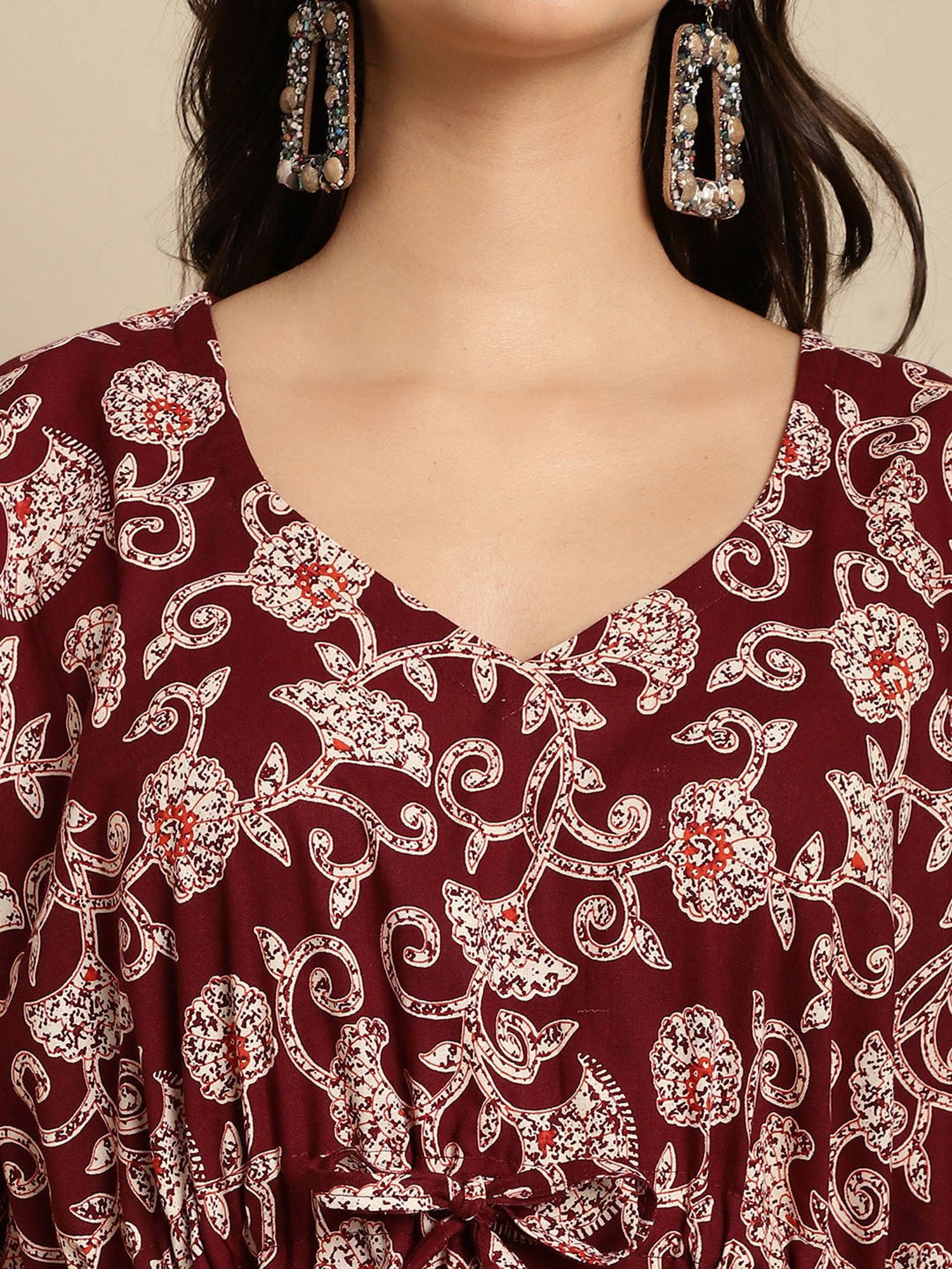 Secret Wish Maroon Floral Print Kaftan Nighty