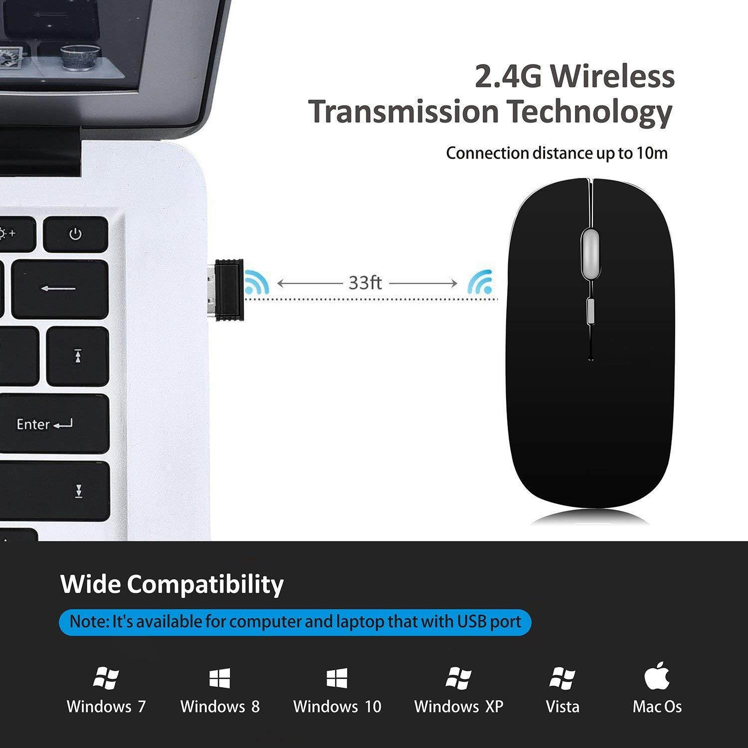 TENMOS T9 Silent Wireless Mouse, 2.4G Ultra Slim Portable Travel Mouse Optical Computer Mice with Nano Receiver Compatible with Notebook, PC, Laptop, Computer (Matte Black)