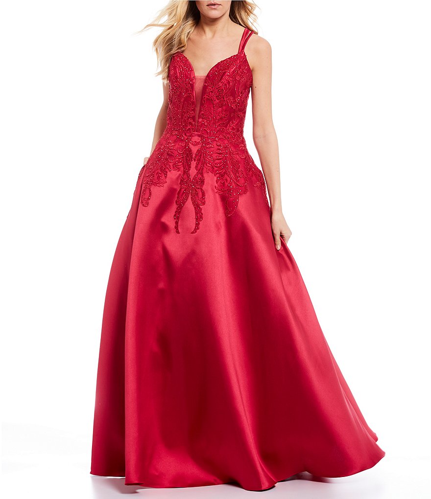 Coya Collection Plunging V-Neck Embroidered Beaded Satin Ball Gown