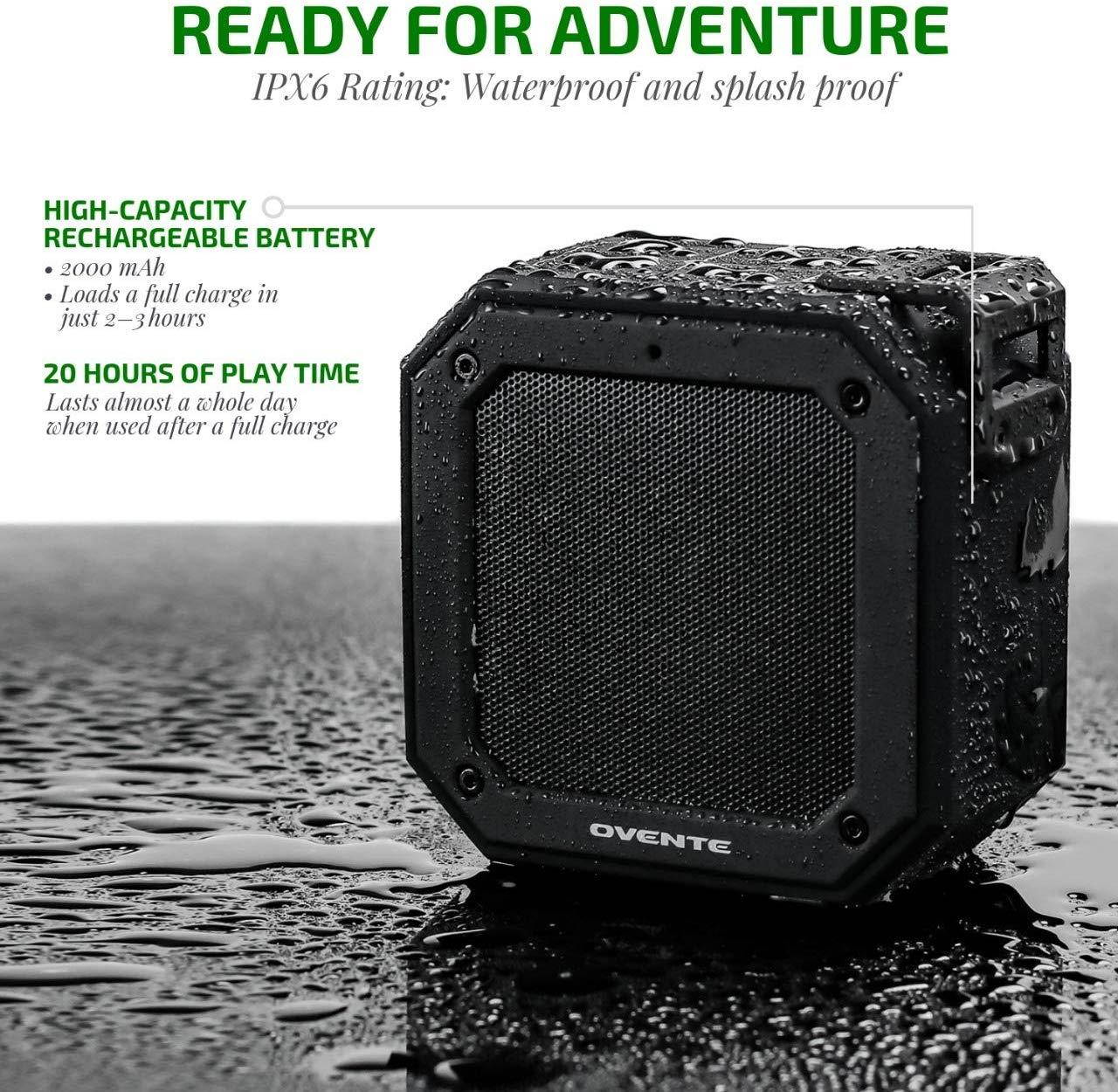 Ovente Wireless Waterproof Portable Mini Stereo Speaker Indoor Home or Outdoor Travel, TWS Pairing for Android, iPhone, Desktop and Laptops, Black (ZA1200B)