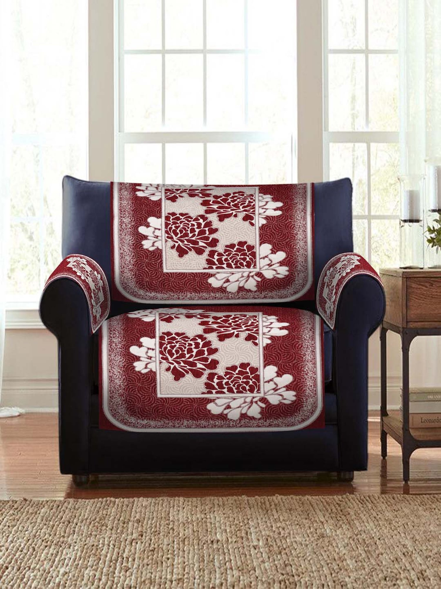 HOSTA HOMES Maroon & Beige Velvet Sofa Cover With Arm Rest - Set of 16