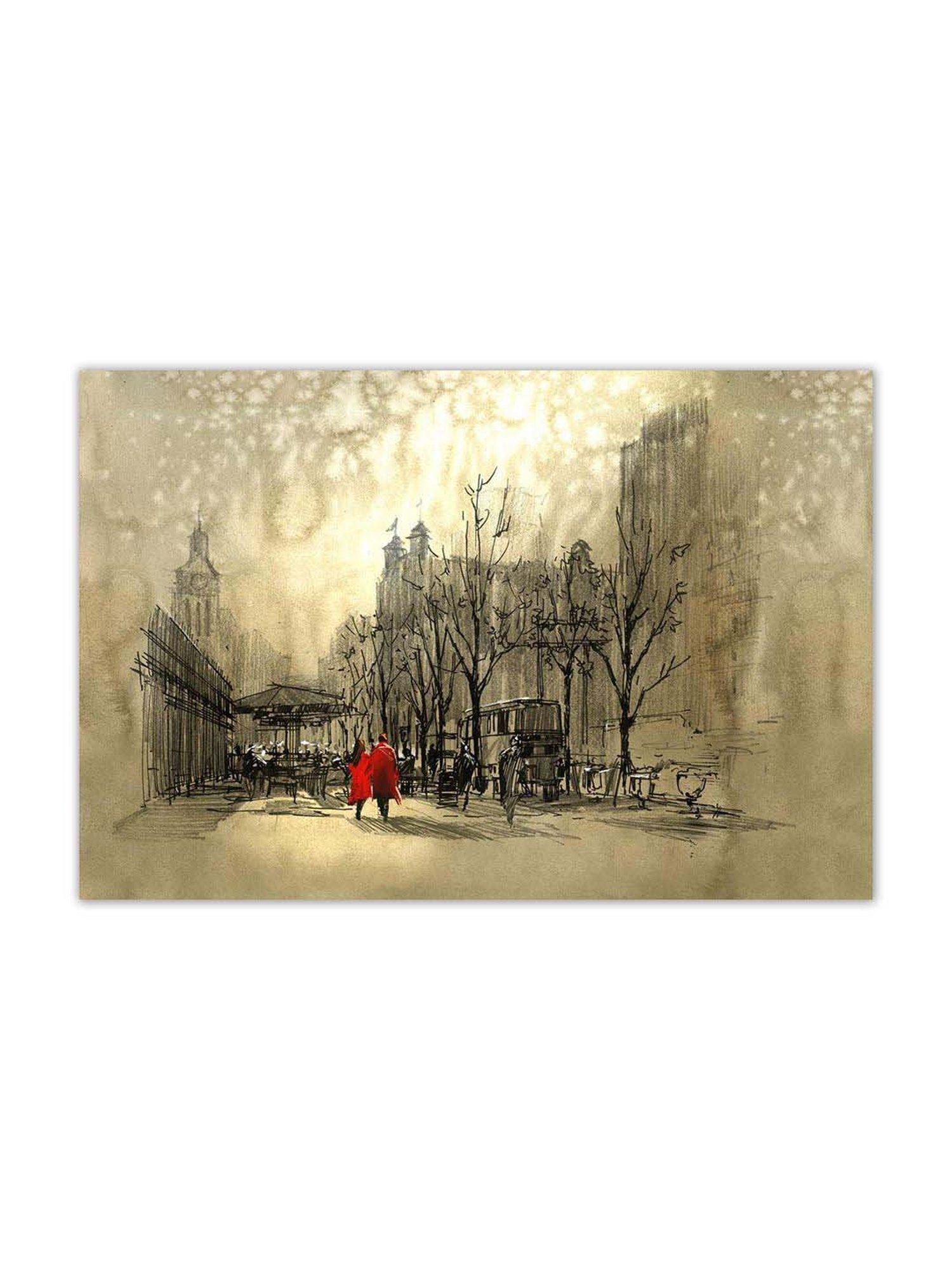 999store Grey & Black Couple In Red Walking On Street Canvas Painting