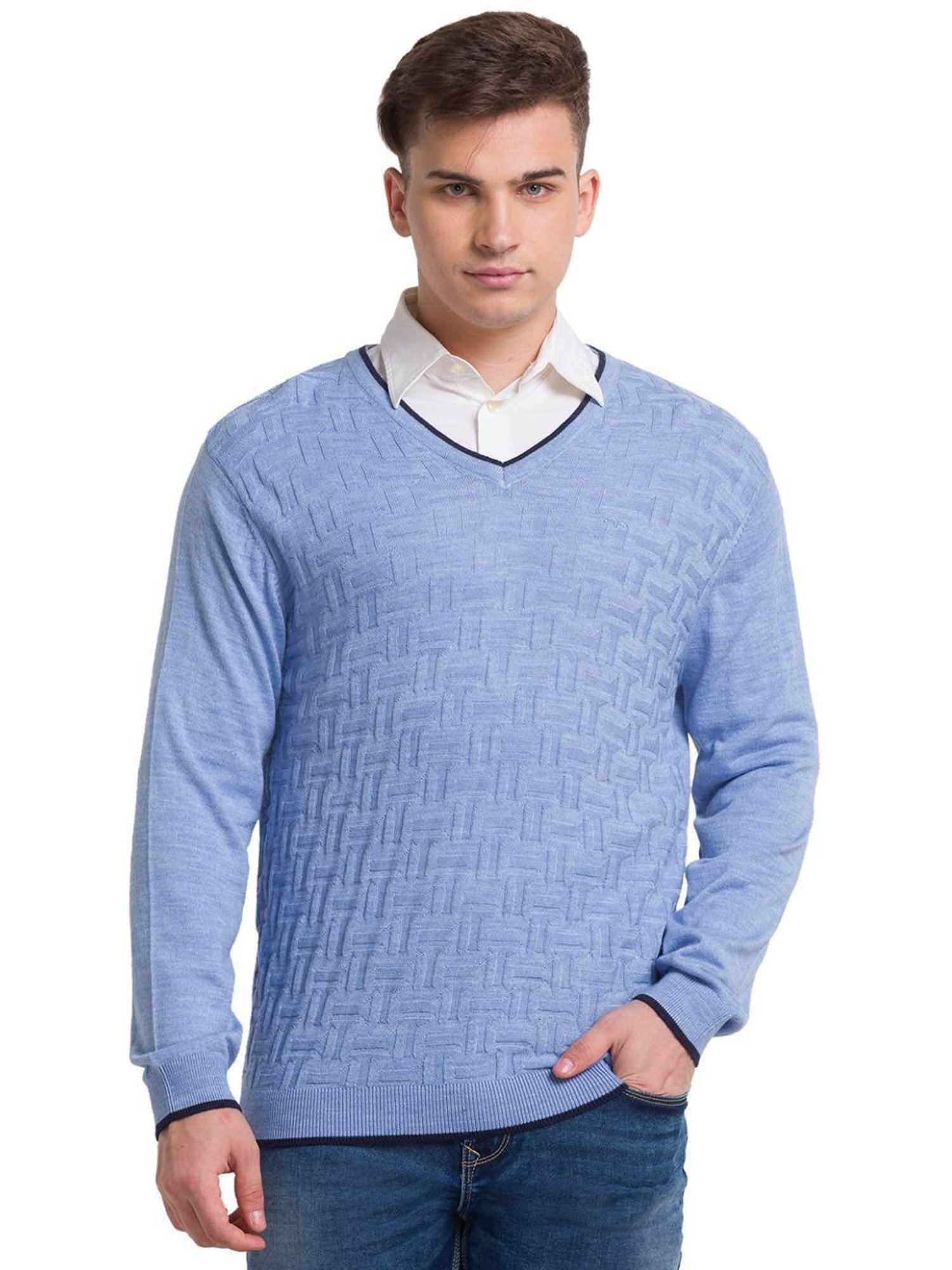 ColorPlus Blue Tailored Fit Self Pattern Sweater