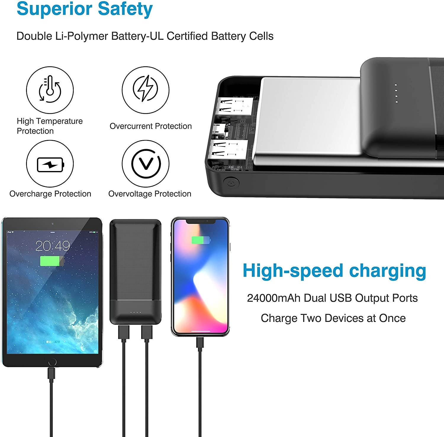 Portable Charger Power Bank24000mAh Phone Charger Ultra-High Capacity with Built in Phone Holder LED Power IndicatorExternal Battery Pack with Dual Inputs & Dual Outputs for Most Smartphones