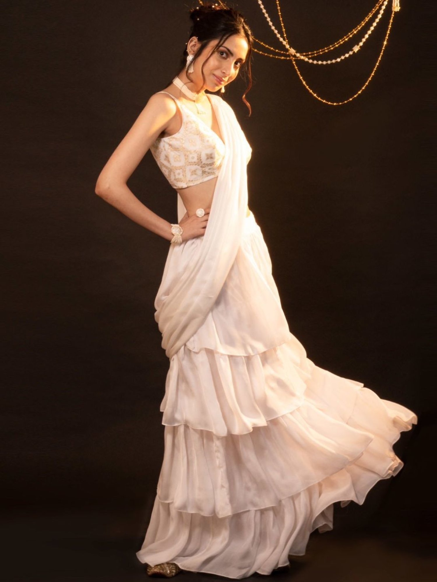 Monk and Mei Soul of Swan White and Gold Mira Ruffle Saree Set