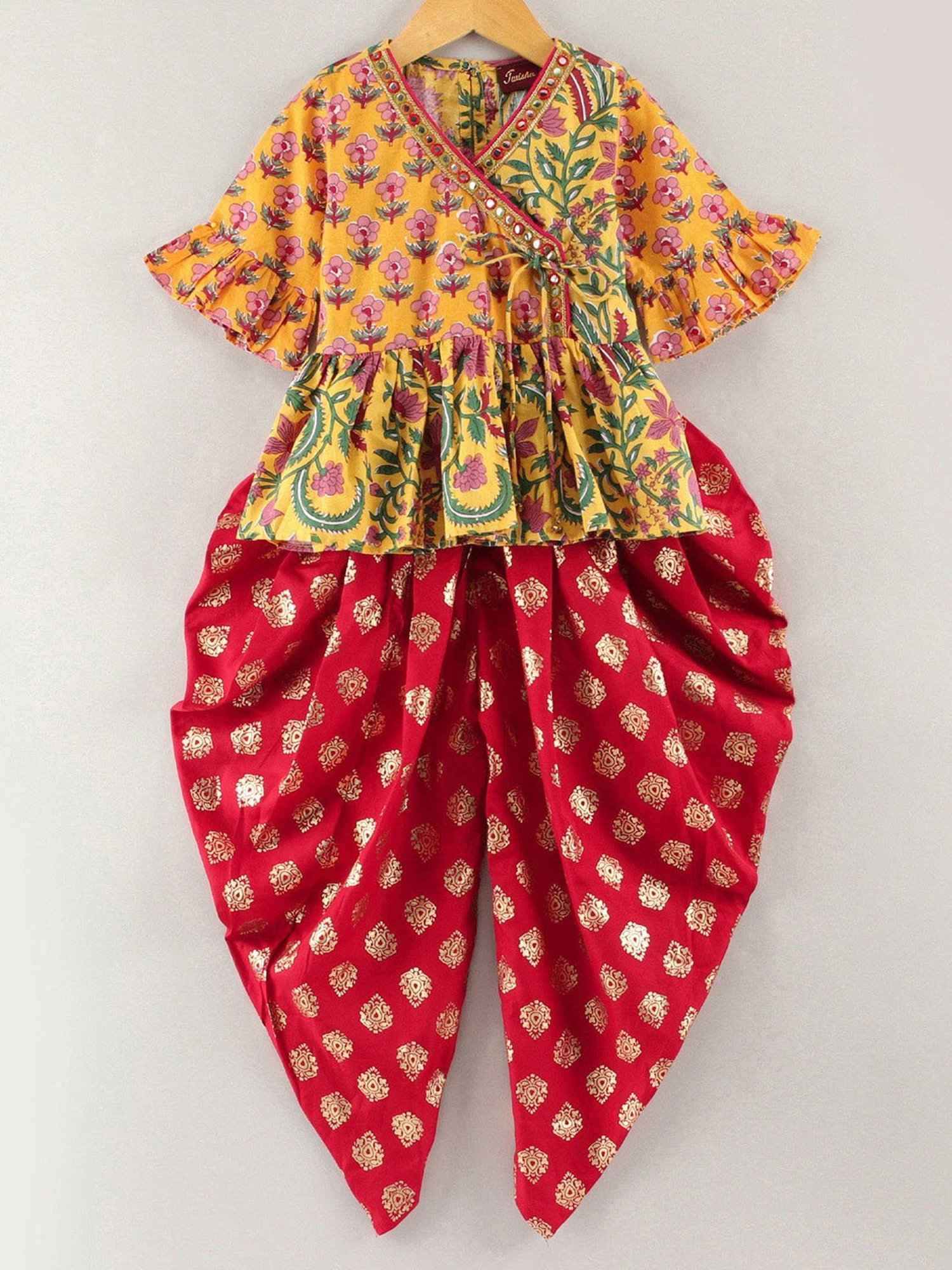 TWISHA Kids Yellow & Red Floral Print Top with Dhoti