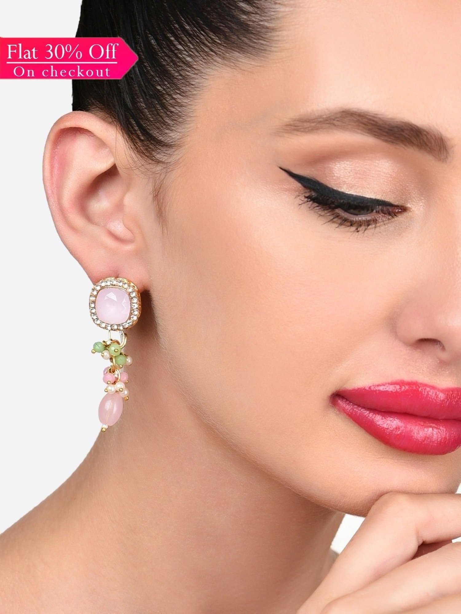 Zaveri Pearls Pink Green Stones & Beads Dazzling Austrian Diamond Drop Earrings-ZPFK15879