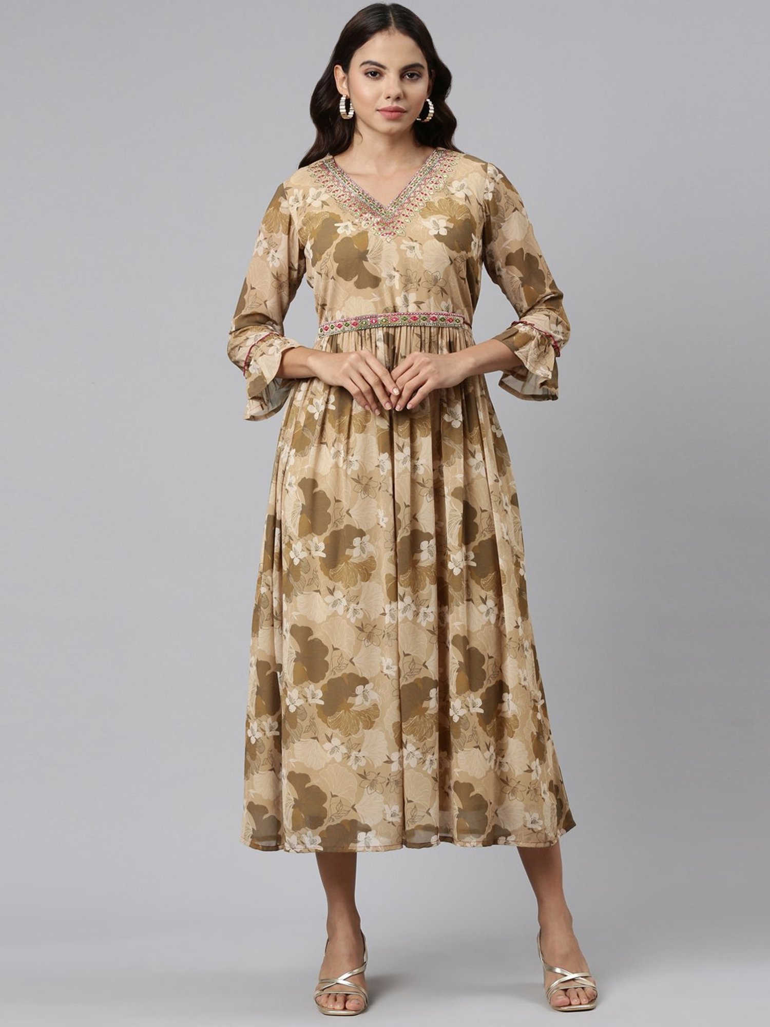 Neerus Beige Floral Print A-Line Dress
