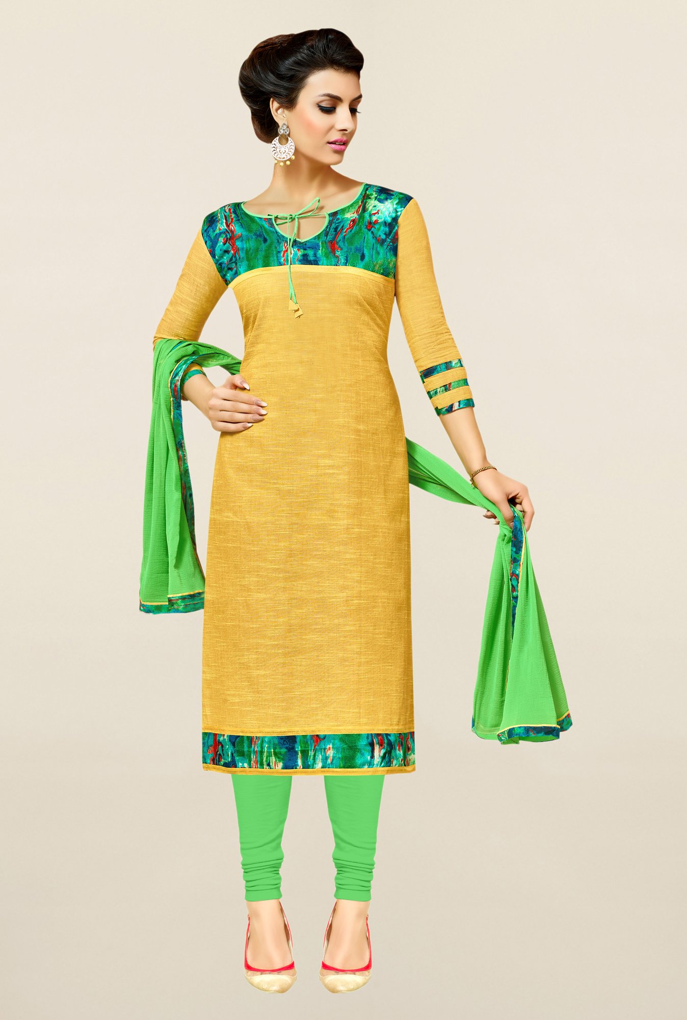 Saree Mall Yellow & Green Textured Cotton Dress Material