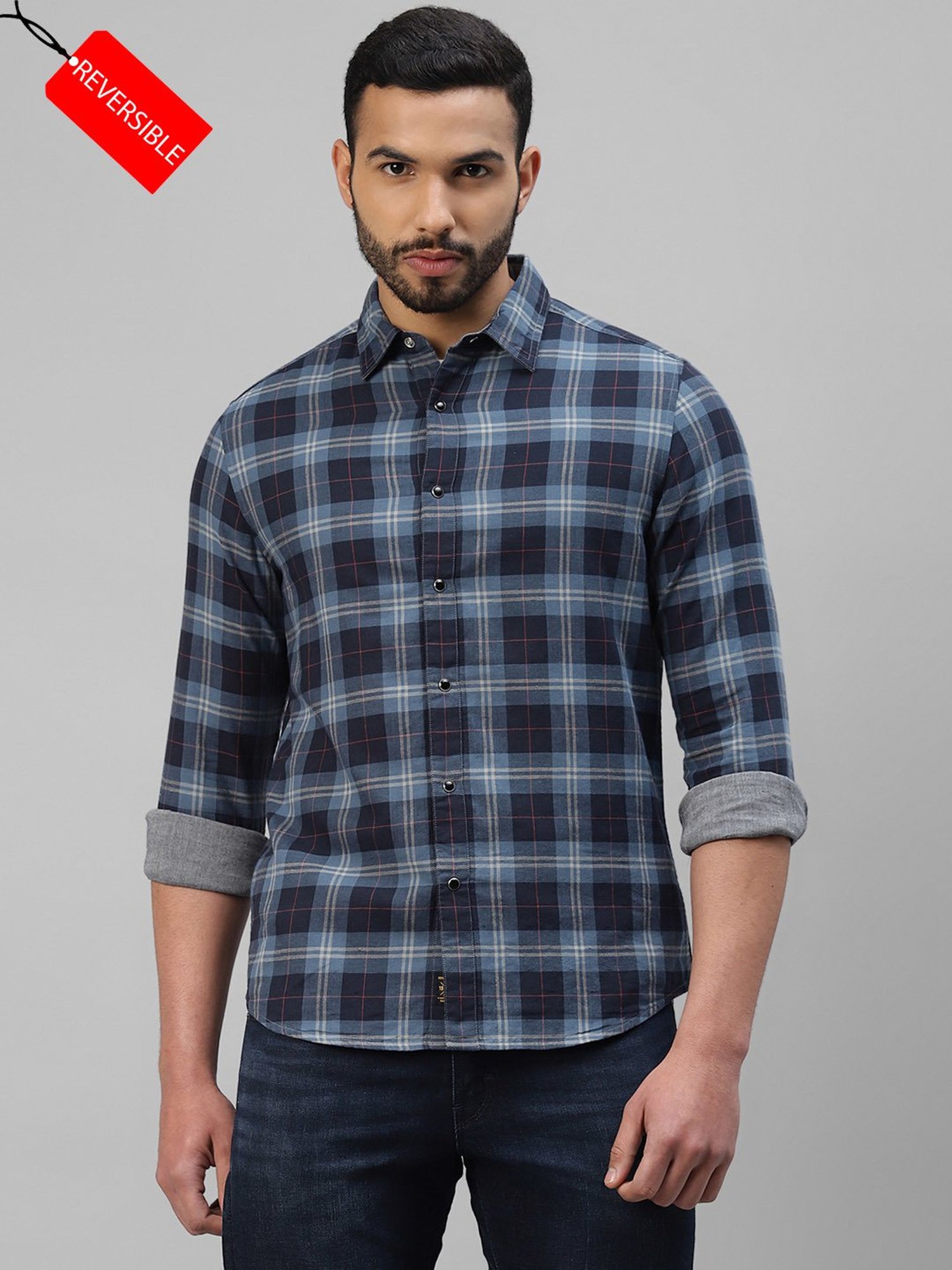 Royal Enfield Blue Slim Fit Check Reversible Shirt