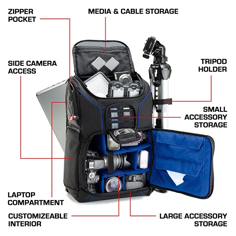 DSLR Camera Backpack Case (Blue) - 15.6 inch Laptop Compartment, Padded Custom Dividers, Tripod Holder, Rain Cover, Long-Lasting Durability and Storage Pockets - Compatible with Many DSLRs