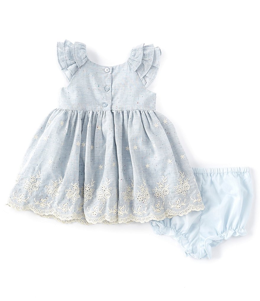 Laura Ashley Baby Girls Newborn-24 Months Ruffle-Sleeve Chambray Embroidered-Hem Fit-And-Flare Dress