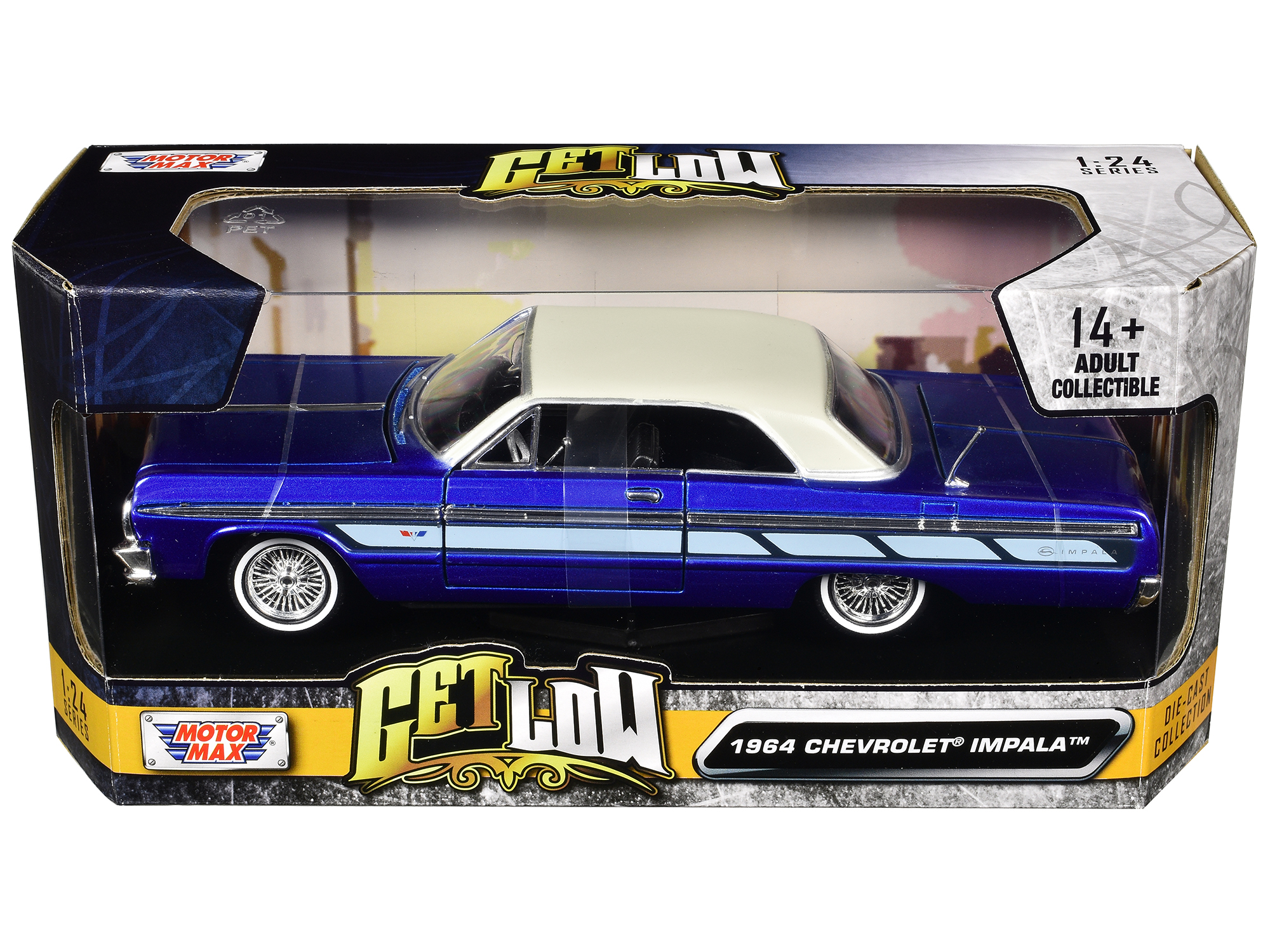 1964 Chevrolet Impala Lowrider Hard Top Candy Blue Metallic with Cream Top "Get Low" Series 1/24 Diecast Model Car by Motormax