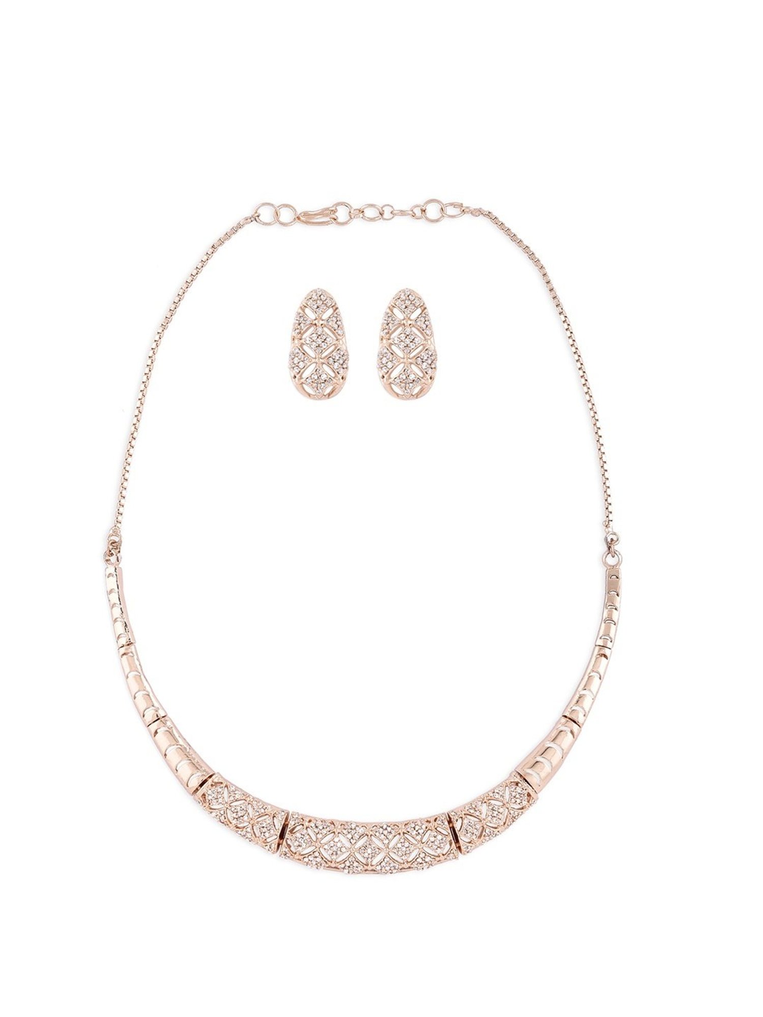 Zaveri Pearls Rose Gold Cubic Zirconia Party Bling Necklace & Earring Set-ZPFK15274