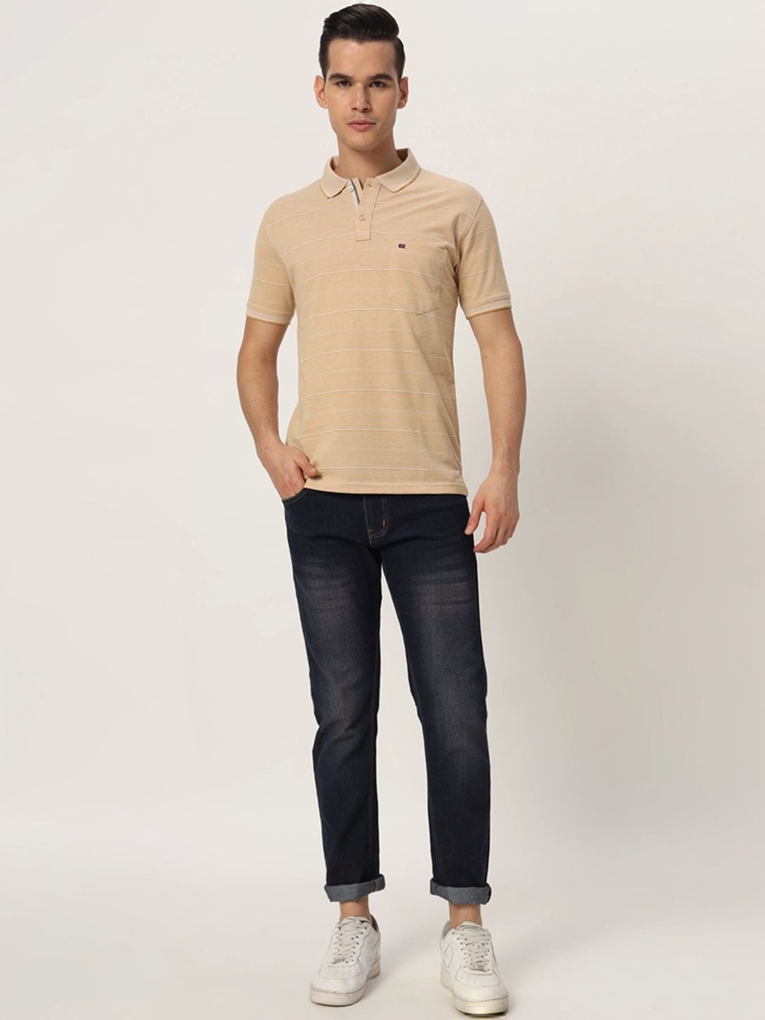 Tab91 Beige Regular Fit Striped Polo T-Shirts