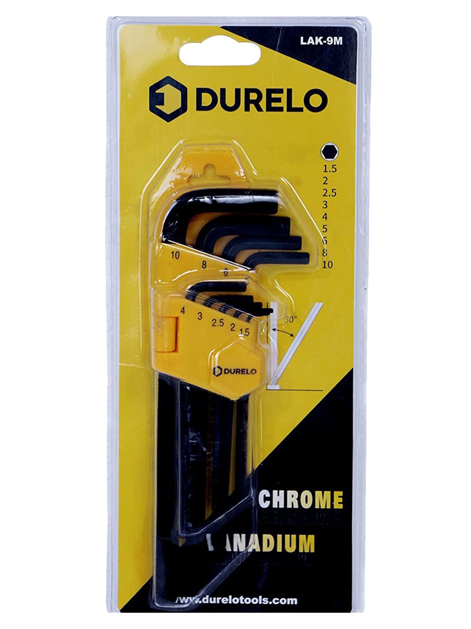 DURELO LAK-9M Long Ball Point Allen Key Set (1.5,2,2.5,3,4,5,6,8,10MM) (Black/Yellow)
