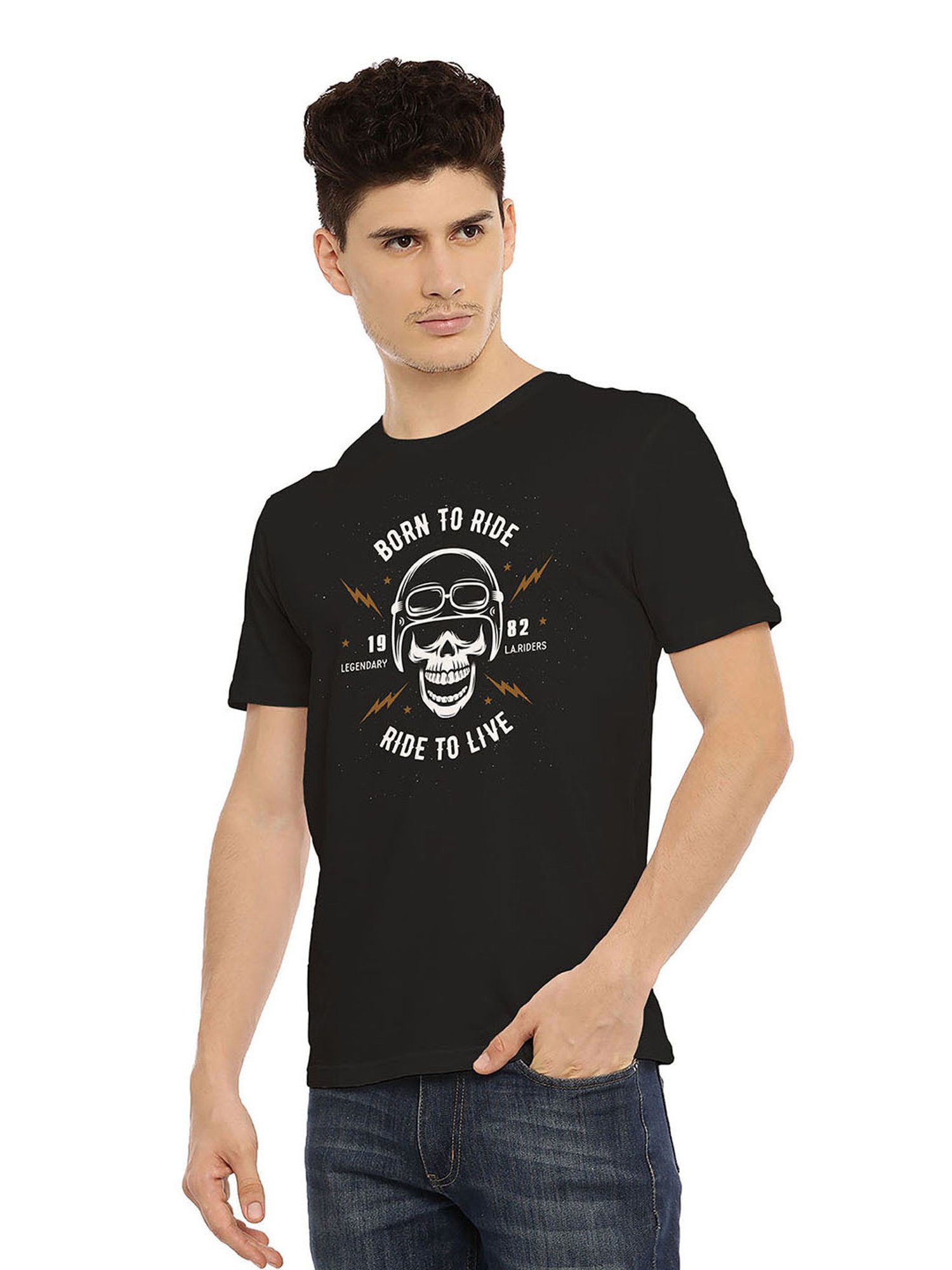 BLACK RADIO Black Slim Fit Printed Cotton Crew T-Shirt