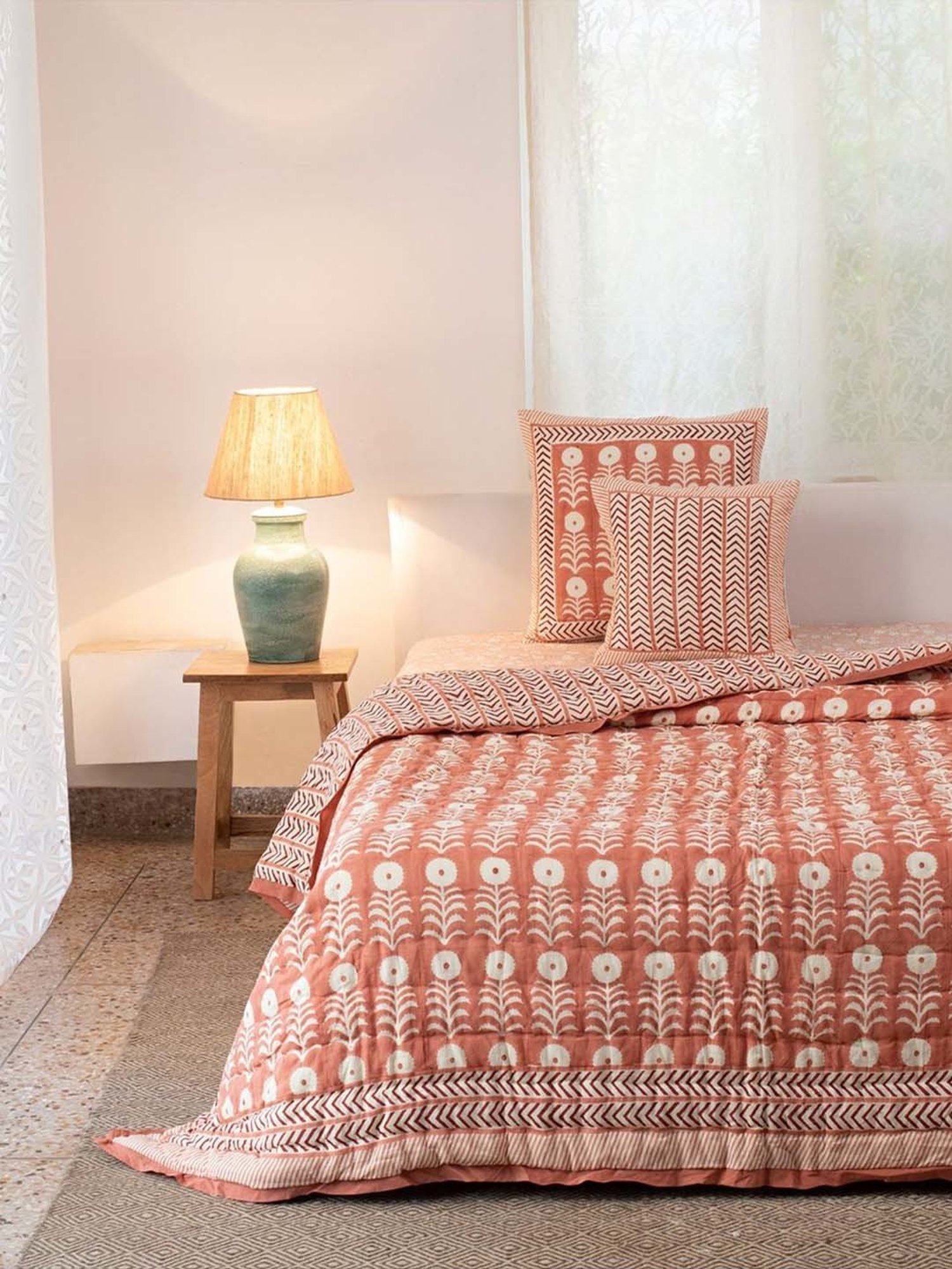 Maspar Vincent Green & Blue Cotton 120 TC Reversible Quilt - Set of 1