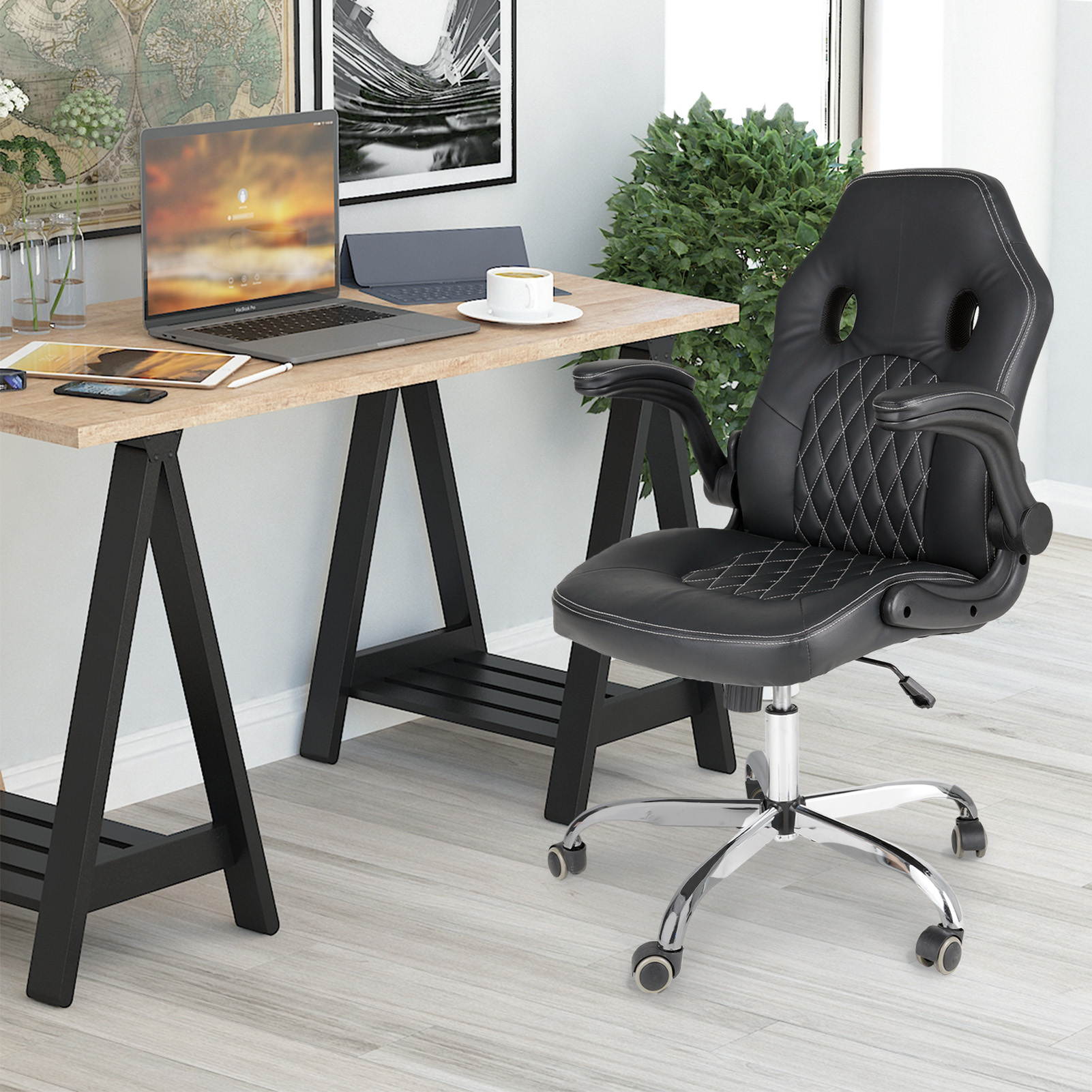 Office Chair, Gaming Chair Bonded Leather, Ergonomic Computer Desk Chair Task Swivel Executive Chairs High Back with Flip-up Armrests and Rolling Casters (Black)