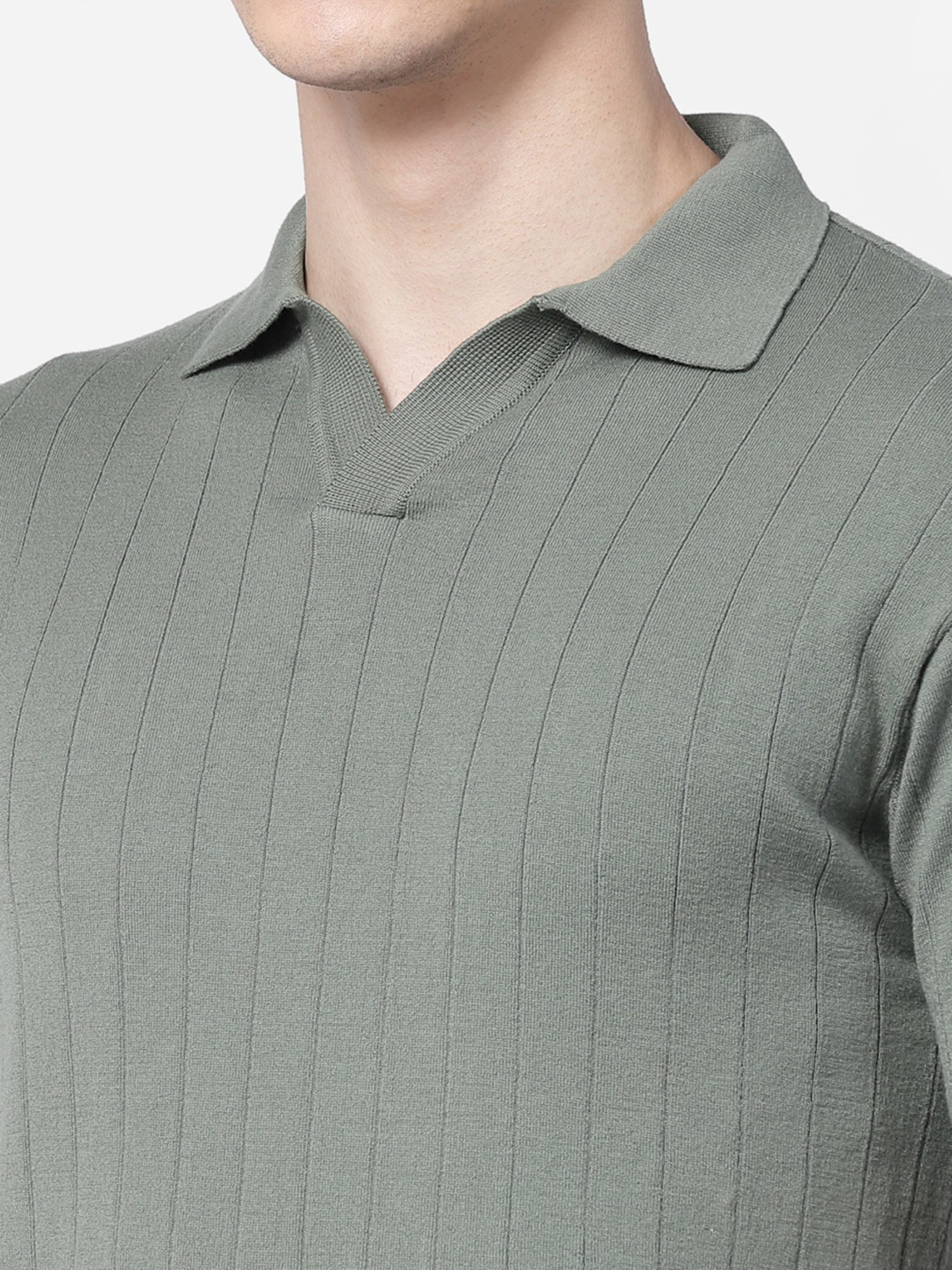 Kalt Light Green Regular Fit Striped Polo T-Shirt