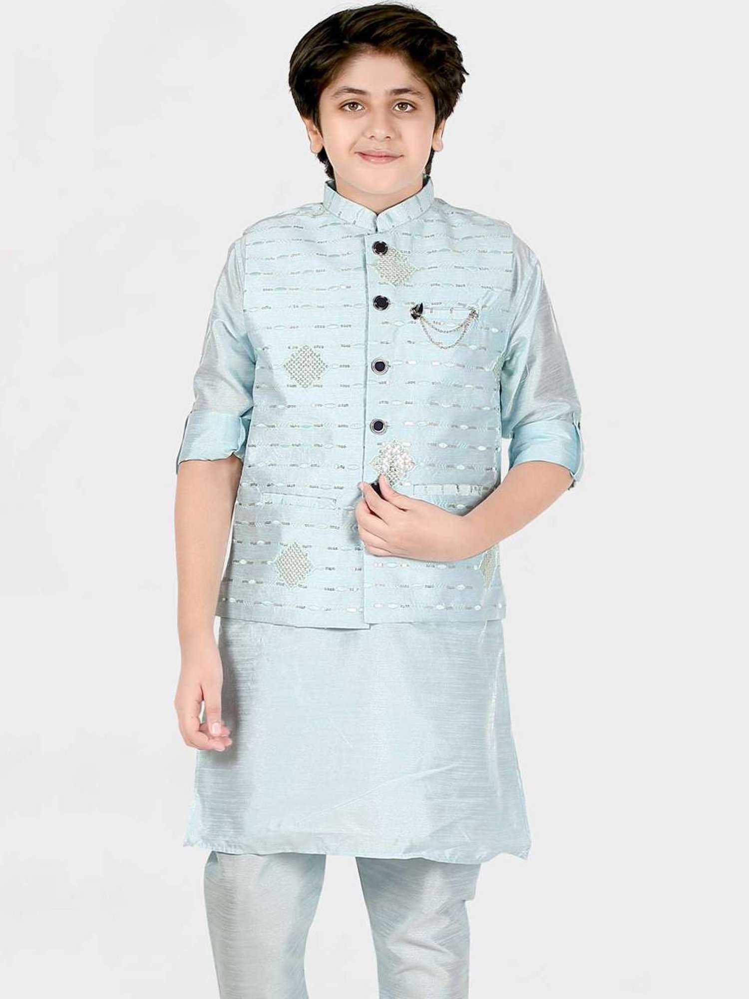 Cavio Kids Sky Blue Embroidered Full Sleeves Kurta Set