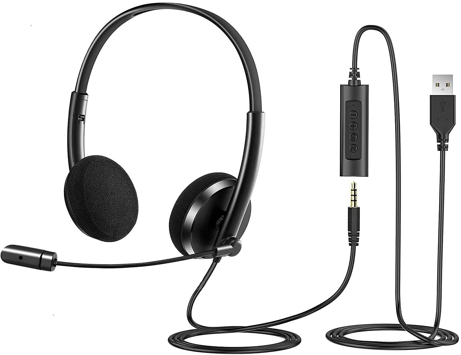 USB Headset with Microphone Noise Cancelling & Ultra-Soft 3.5mm Computer Headset for Laptop PC Cell Phone iPhone Skype Zoom Webinar Call Center Office