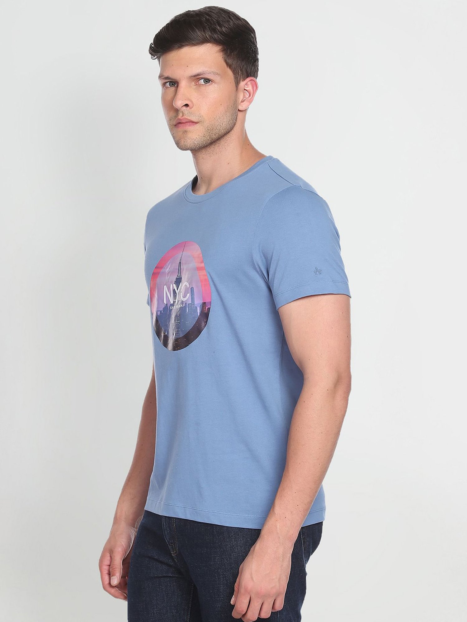Arrow Sport Blue Cotton Regular Fit Printed T-Shirt