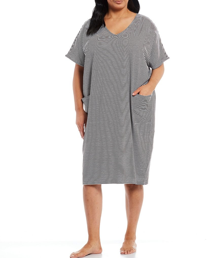 Kate Landry Plus Solid V-Neck Sleeve Midi Lounge Dress