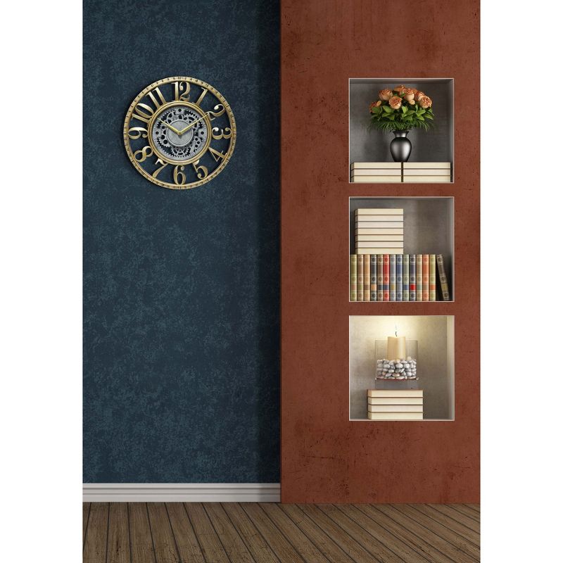 Infinity Instruments 20031GS Decorative Industrial Weathered Gear 15.5 Inch Diameter Quartz Battery Wall Clock, Gold Case, Silver Face, & Gold Hands