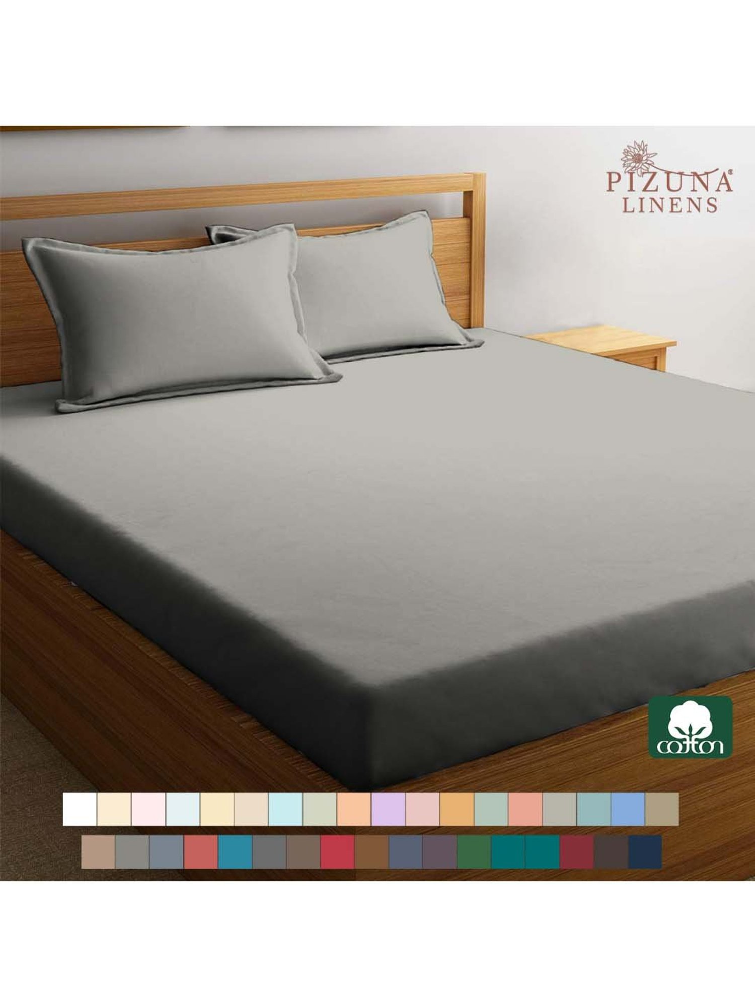 Pizuna 400TC 100% Cotton Silver Fitted Bed Sheet Single Size With 1 Pillow Cover