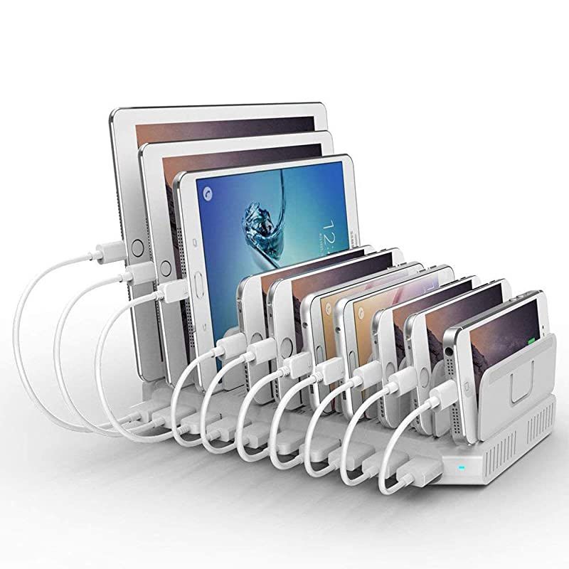 iPad Charging Station 96W 10-Port  USB Charging Station Multiple Device USB Charger with Smart IC Tech, Organizer Stand for iPhone X, Xs Max,8,7,6, Samsung Google Nexus LG, Tablets, White