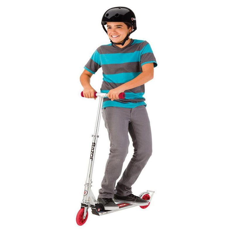 Razor A3 Lightweight Kick Push Folding Aluminum Portable Scooter for Kids with Foam Grip Handlebars, Rear Fender Brake, and Wheelie Bar, Red