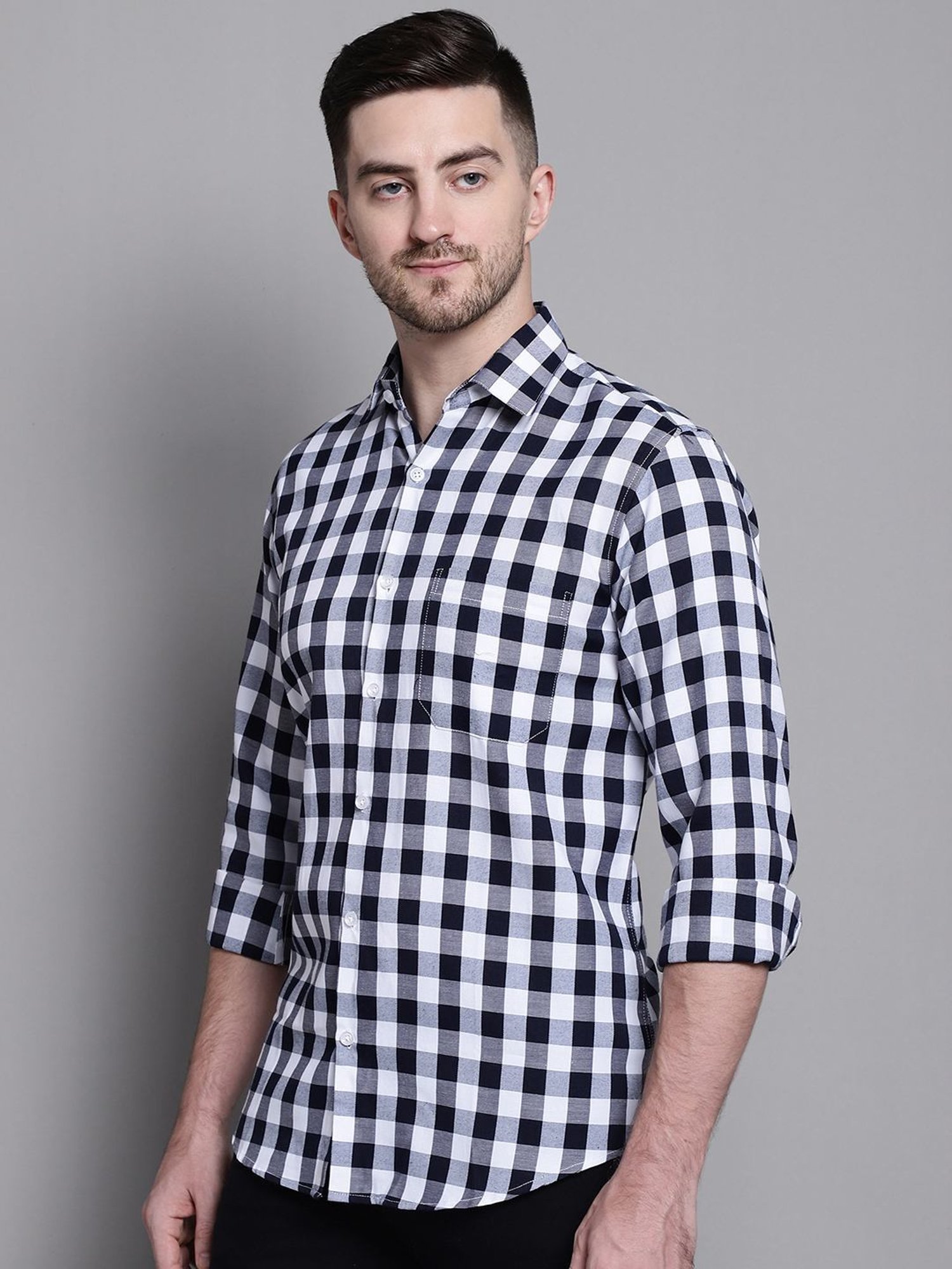 Jainish Navy Cotton Regular Fit Checks Shirt