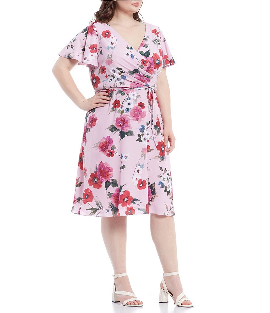 Adrianna Papell Plus Size V-Neck Flutter Short Sleeve Floral Printed Faux Wrap Dress