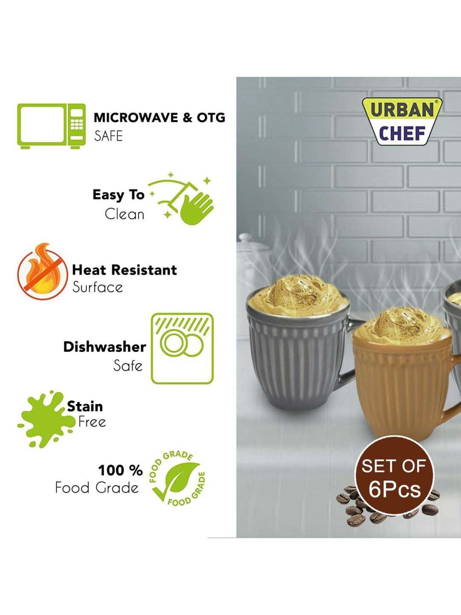 Urban Chef Grey & Brown Ceramic Handcrafted Microwave Safe Tea Cup - Set of 6