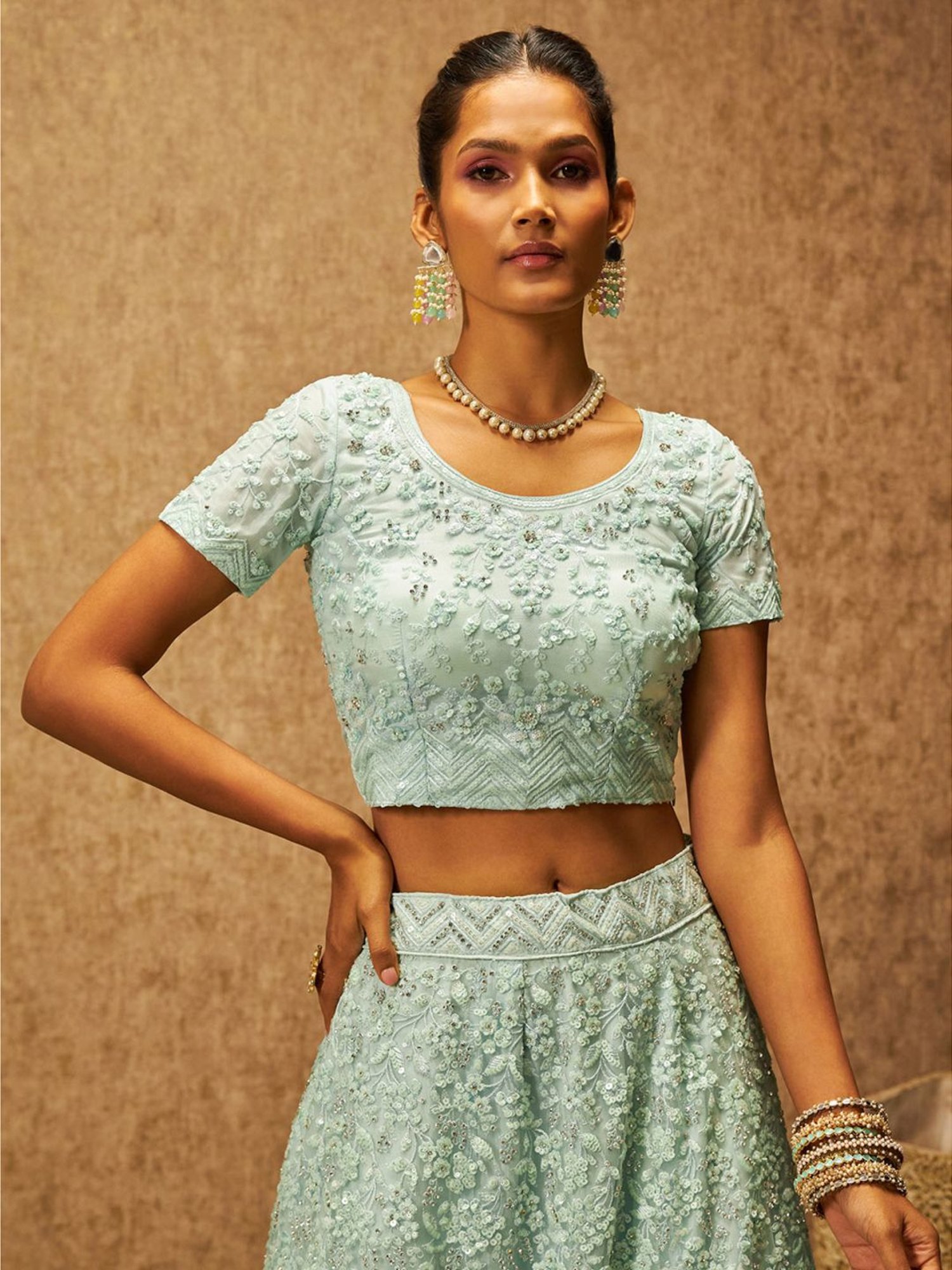 Soch Powder Blue Embellished Unstitched Lehenga Choli Set With Dupatta