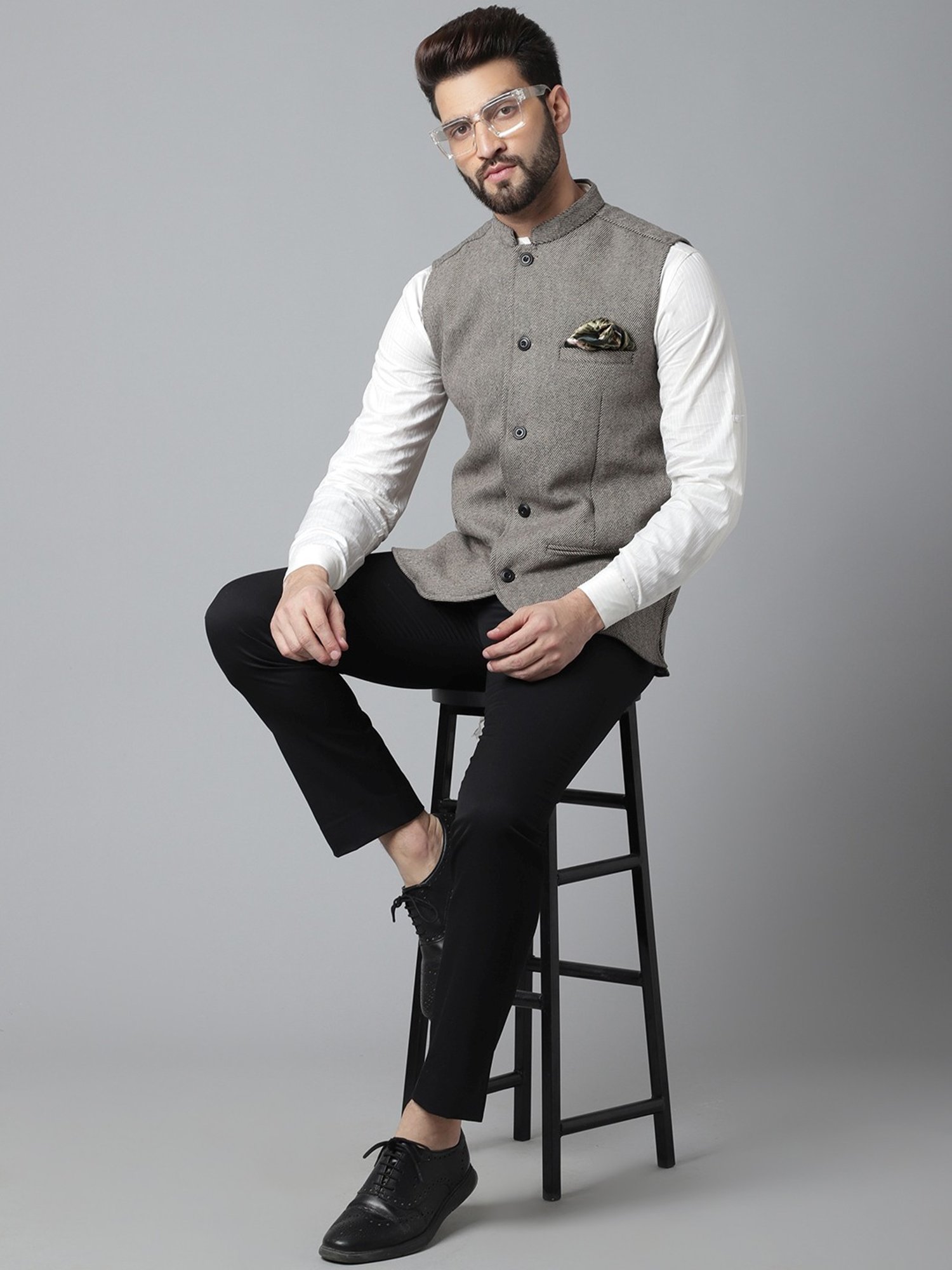 Even Cream Regular Fit Texture Nehru Jacket