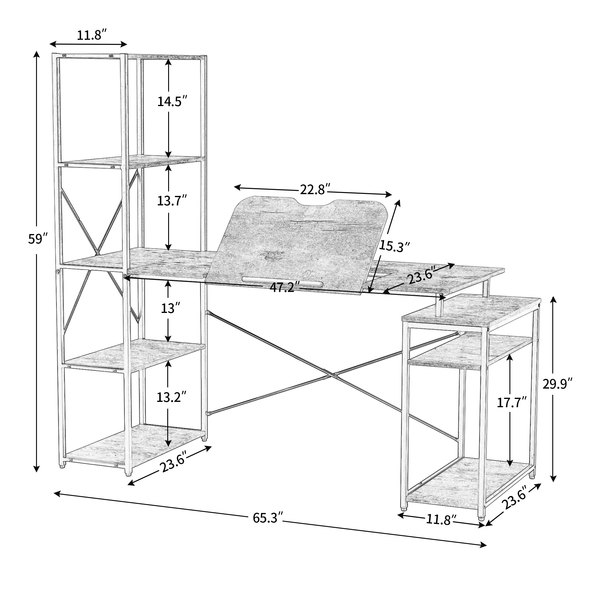 Home office Computer Desk Multi-Function Drafting Drawing Table with 5-Tier Bookshelf and 2 open Storage Shelf and Tiltable Desktop for Artist or Student(Brown)