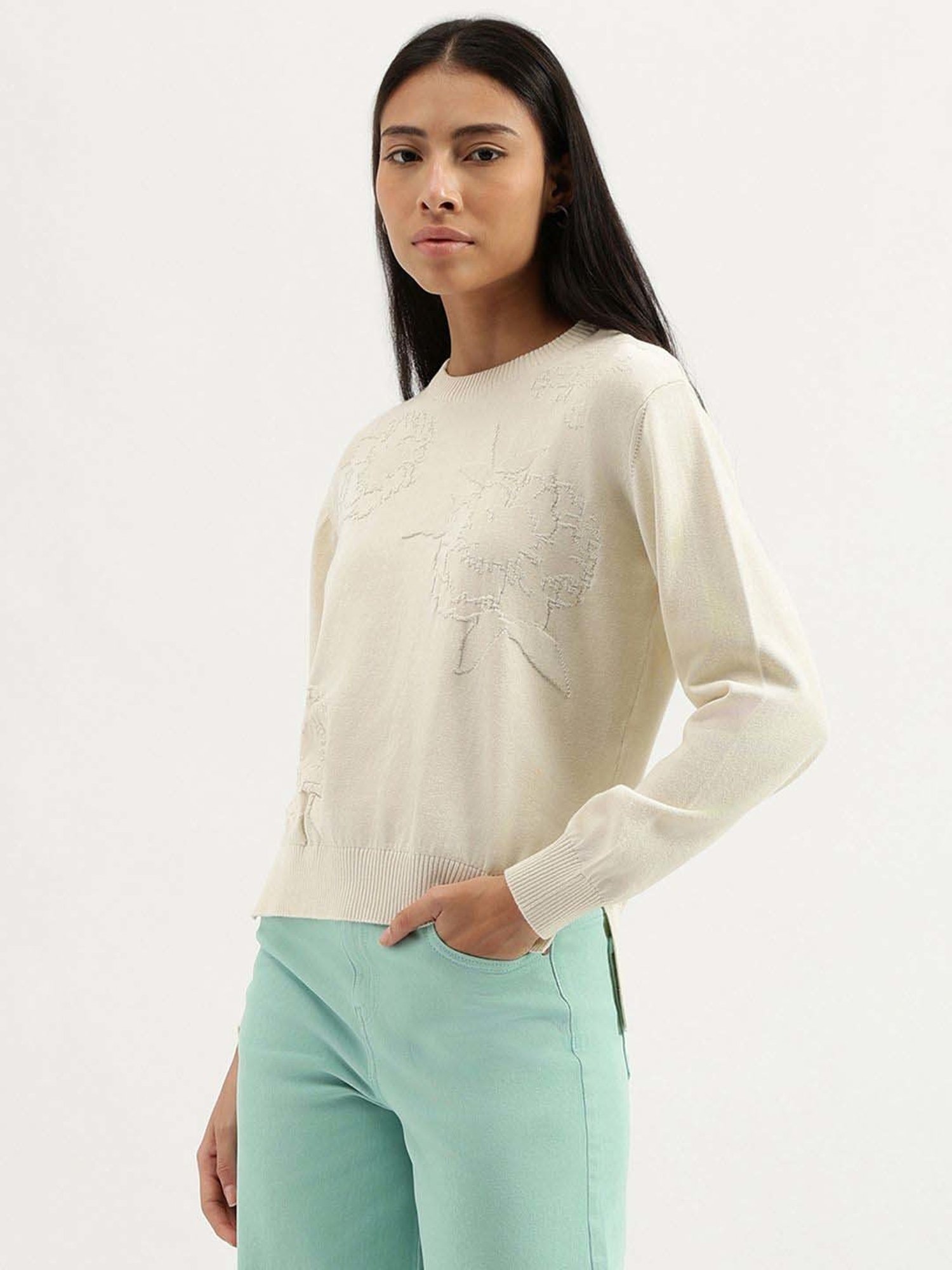 United Colors of Benetton Off White Cotton Self Pattern Top