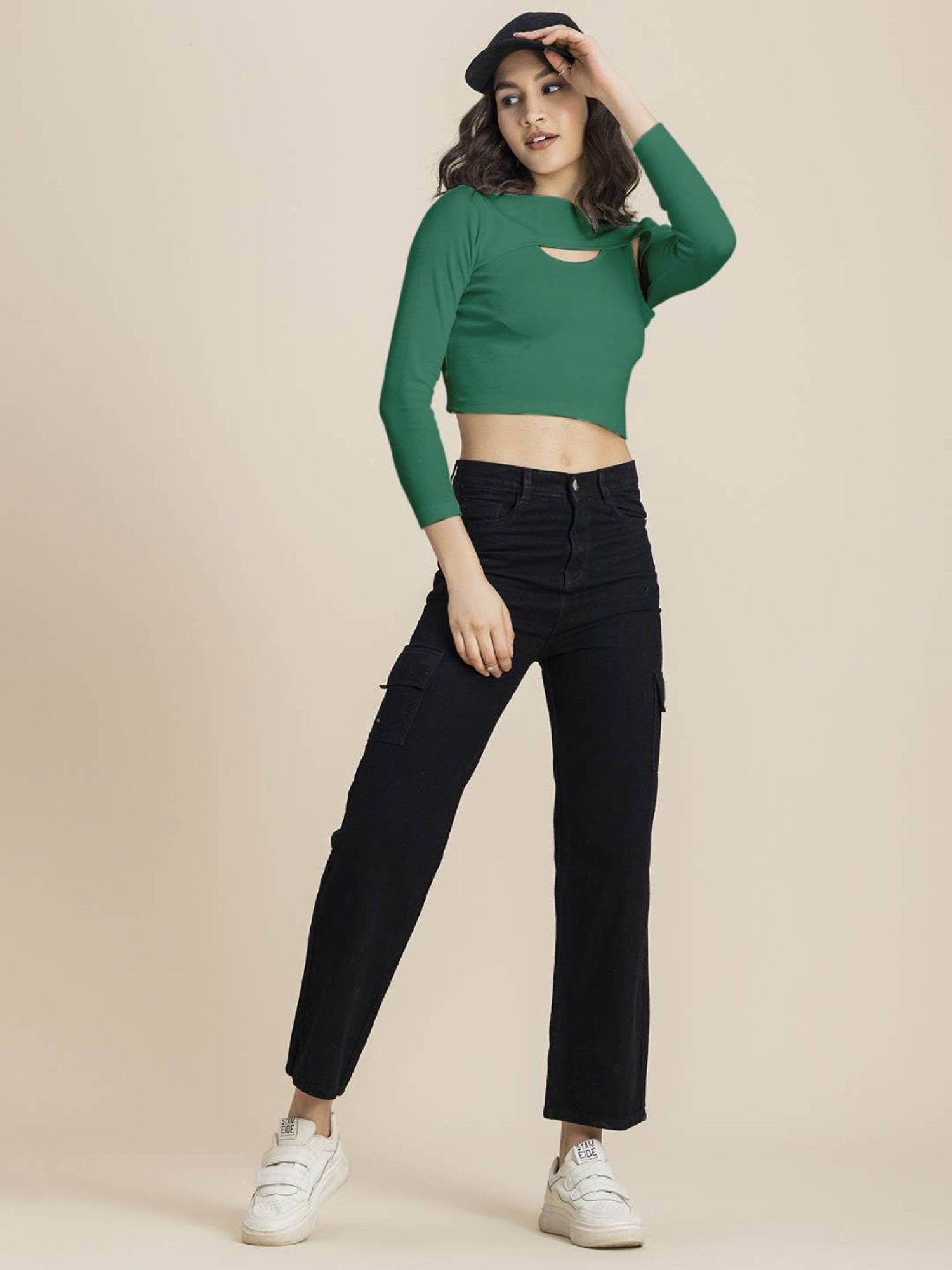 Moomaya Green Slim Fit Crop Top