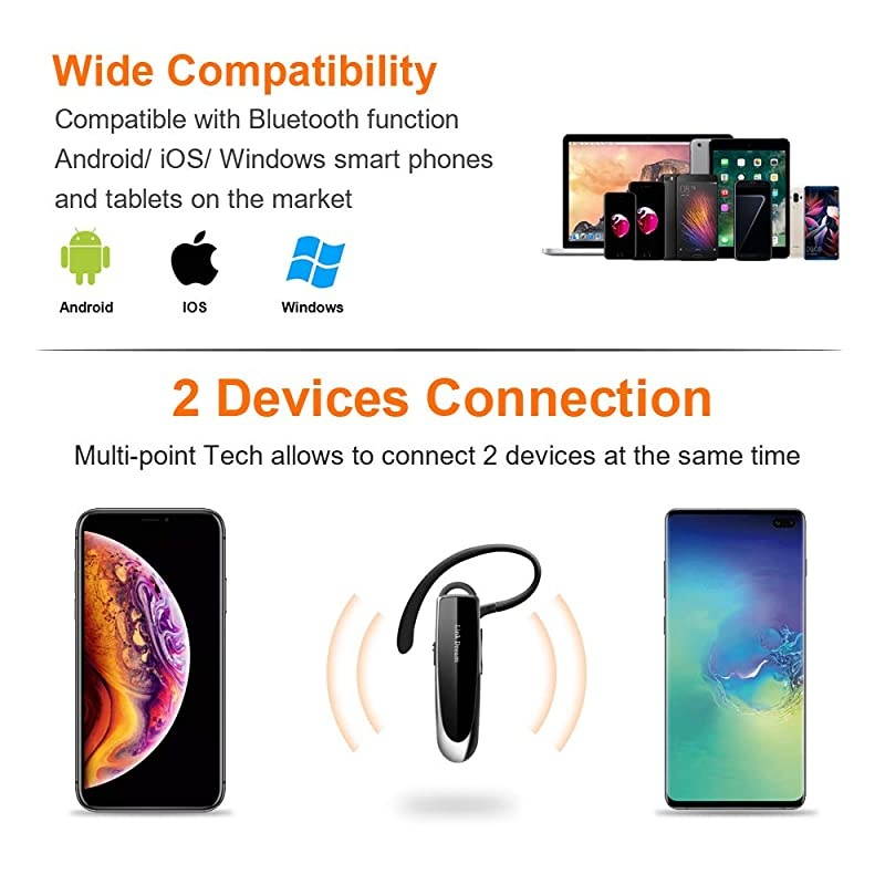 Bluetooth Earpiece for Cell Phone Hands Free Wireless Headset Noise Cancelling Mic 24Hrs Talking 1440Hrs Standby Compatible with iPhone Samsung Android for Driver Trucker 2 Pack