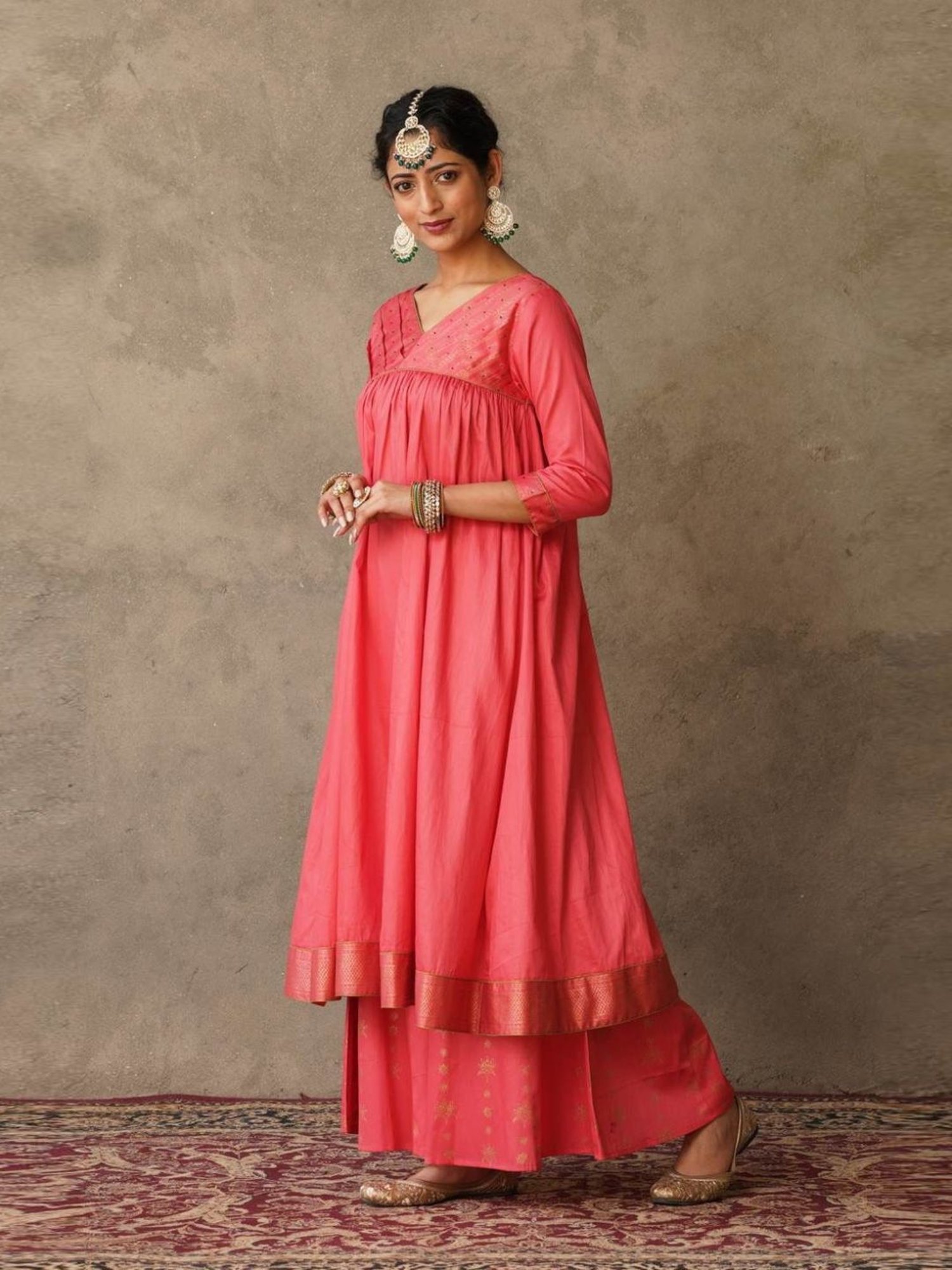 Akiso Coral Parv Block Printed Anarkali Kurta with Hand Embroidery Details On Yoke