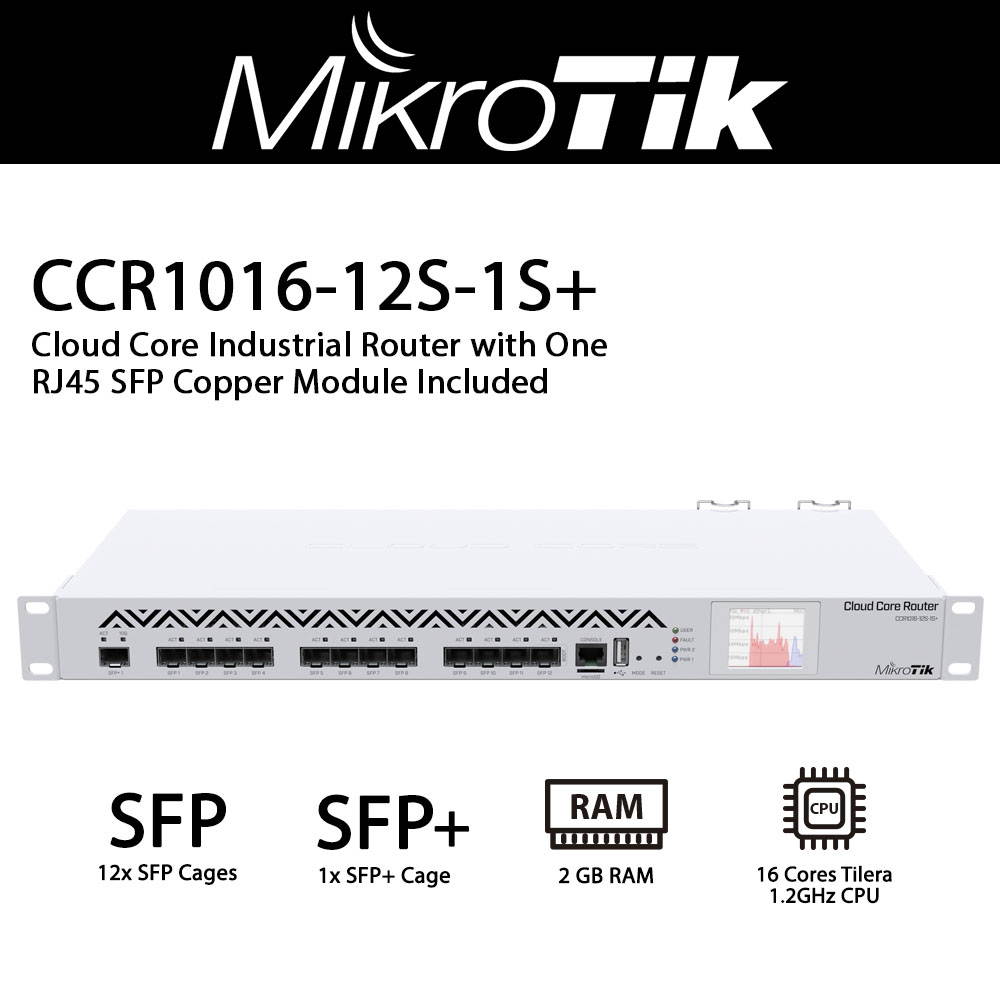 MikroTik - CCR1016-12S-1S+ - Cloud Core Router 1016-12S-1S+ with Tilera Tile-Gx16 CPU (16-cores, 1.2GHz per core), 2GB