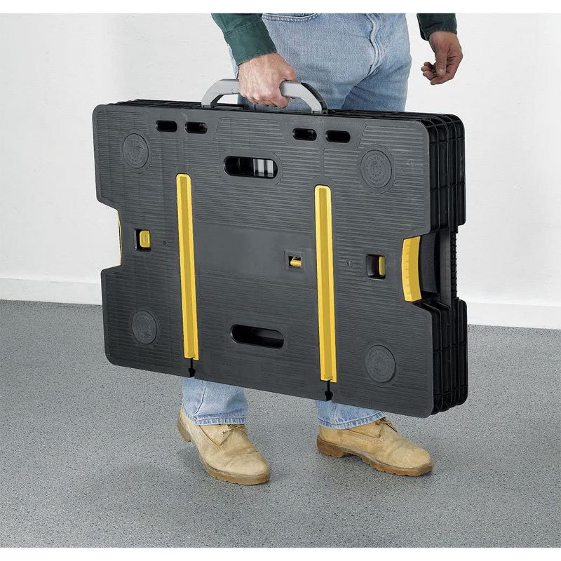 Keter 197283 Folding Portable Table Tool Stand Workbench with 2 12 Inch Wood Clamps for Miter Saws, Home Improvement, and Construction, Black & Yellow