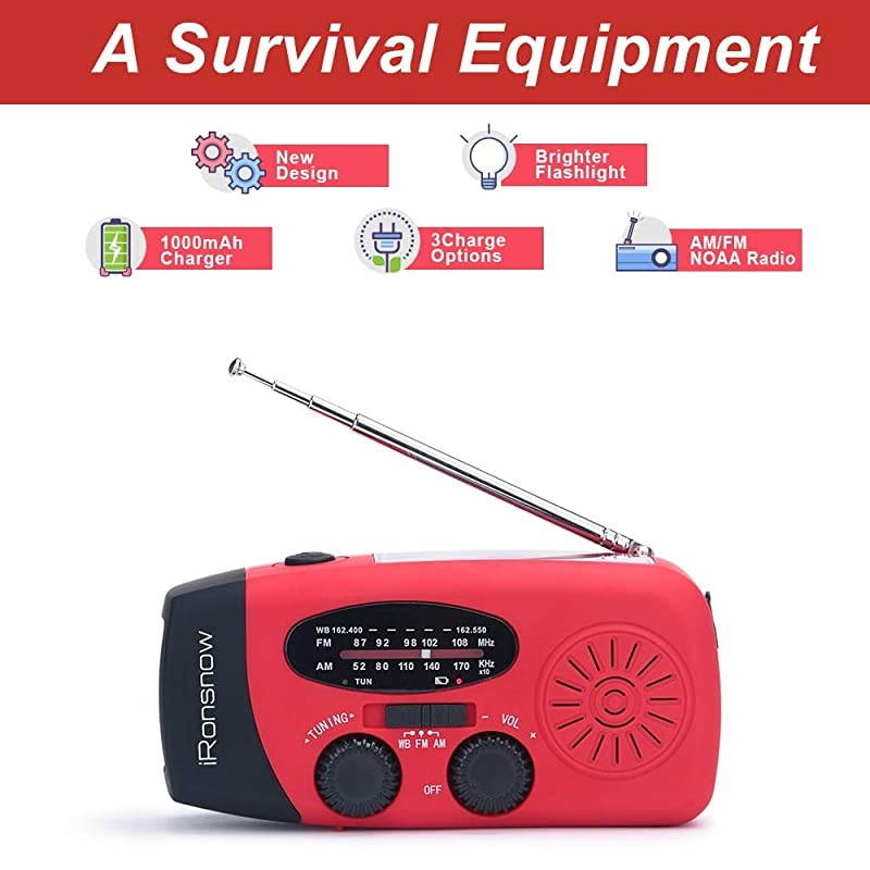 Upgraded Version  IS088+ 1000mAh Solar Hand Crank Radio AMFMNOAAWB Weather Emergency Radio Dynamo LED Flashlight Power Bank for iPhoneAndroid Smart Phone Red