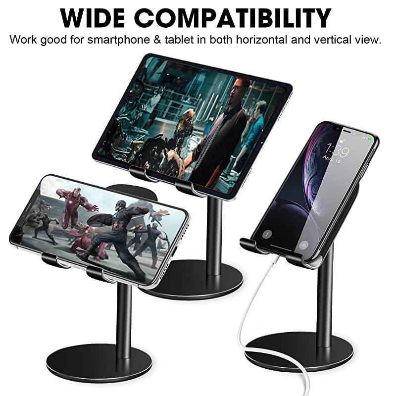 Cell Phone Stand, Aluminum iPad Tablet Stand Holder for Desk, Angle Height Adjustable iPhone Stand, Compatible with iPhone iPad Pro, Air, Mini 4 3 2, Kindle, (4-12.9'')-Black