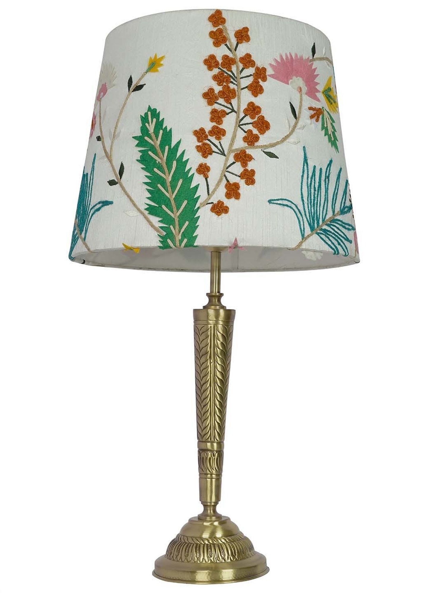 FOS LIGHTING Conical Antique Golden & White Brass Table Lamp With Fabric Shade