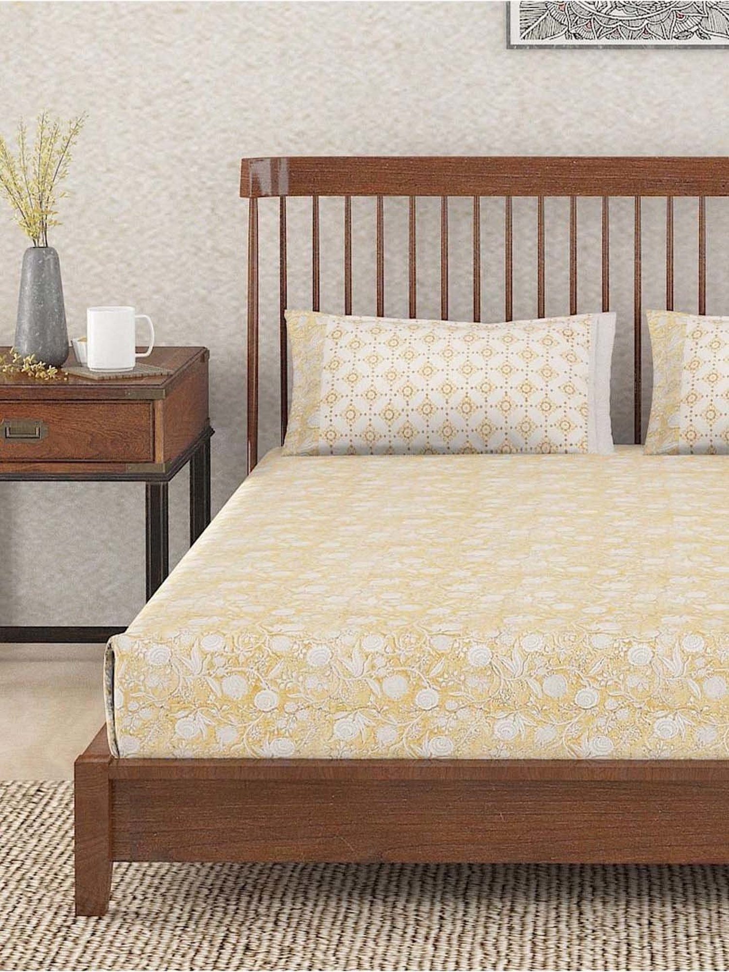 Fabindia Yellow Cotton 180 TC Single Bed Sheet With Pillow Cover