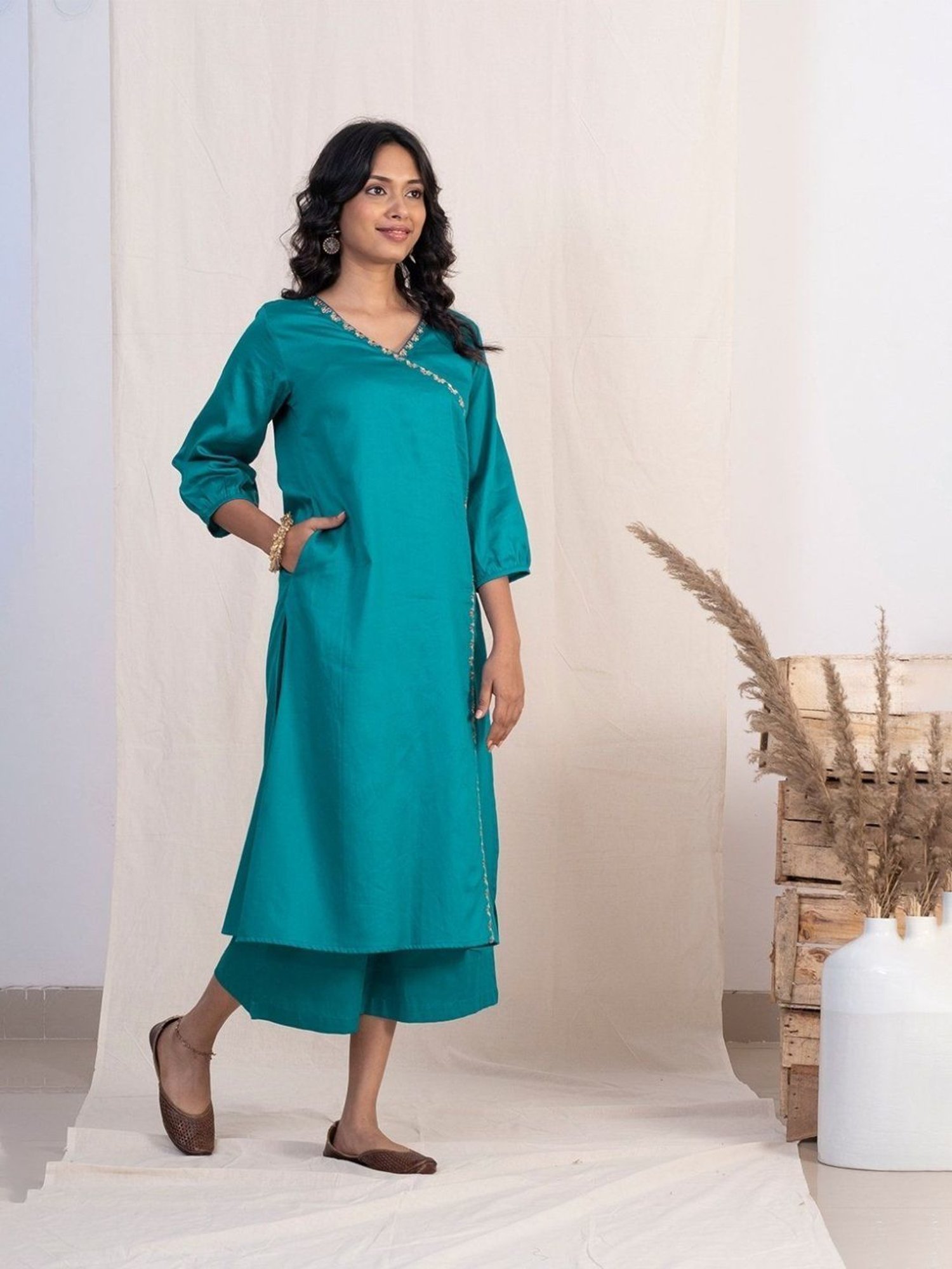 Akiso Jashn Blue Angrakha Embroidery Kurta Set With Plazzo And Green Dupatta