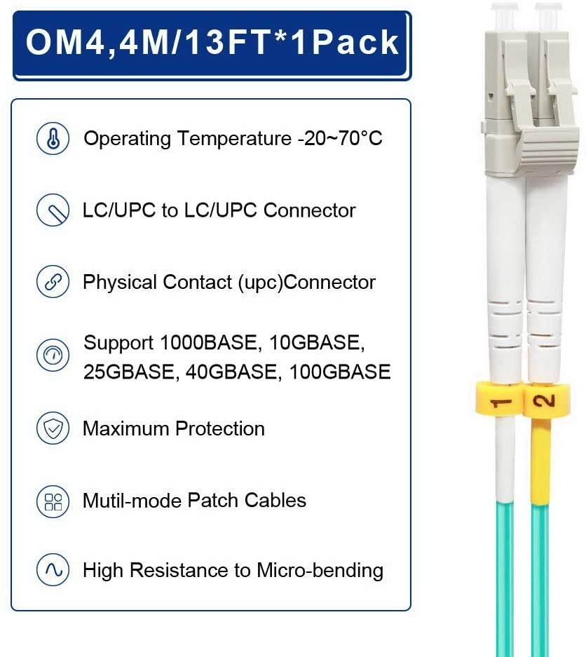 FLYPROFiber 4M OM4 LC to LC Fiber Patch Cable 40GB/100GB Duplex LC-LC 50/125um Multimode Fiber Optic Cable Cord LSZH 4Meter(13ft)